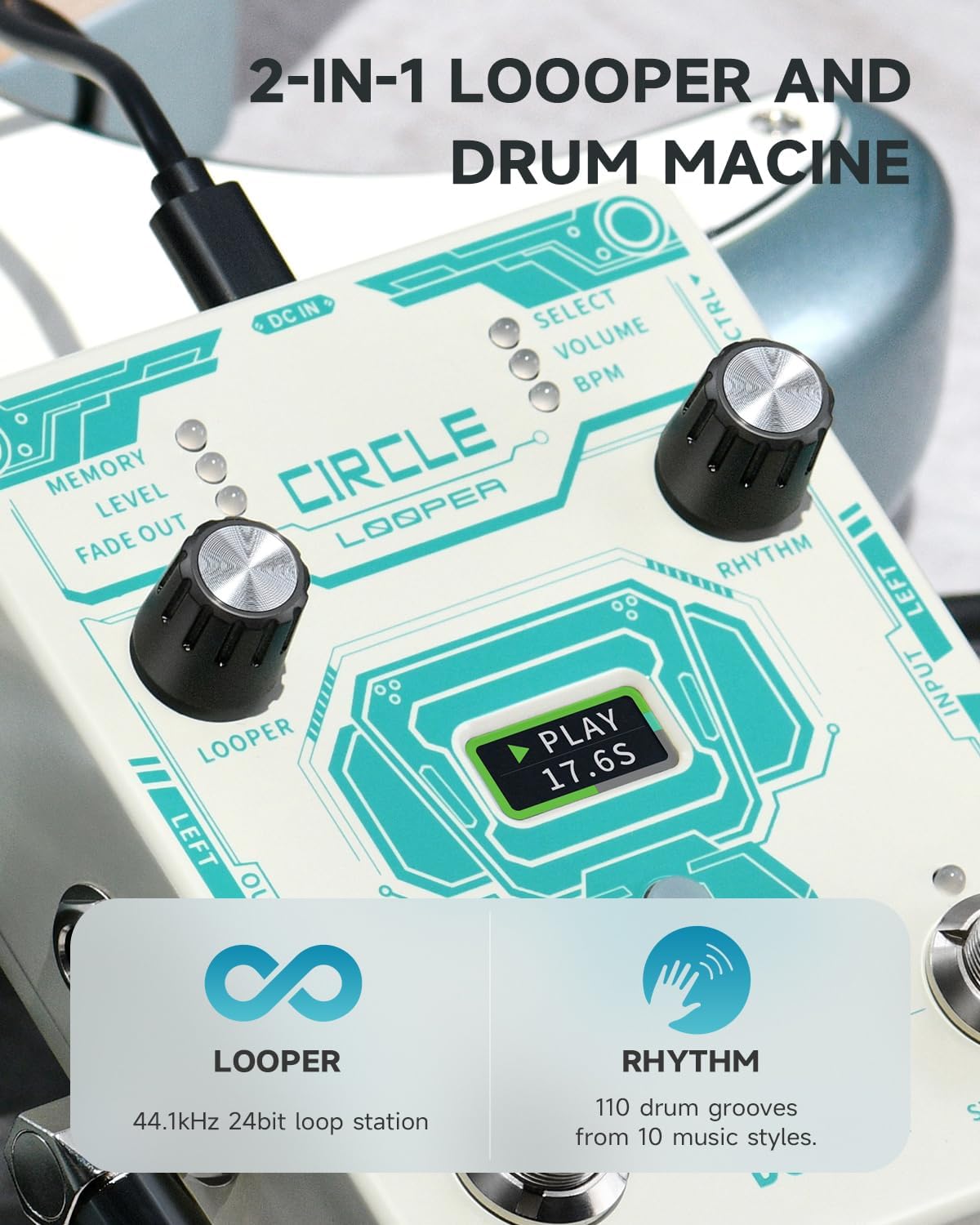Donner Circle Looper Pedal Drum Machine, 2 in 1 Drum Looper Stereo Guitar Loop Pedals, 40 Slots 160 mins Loop with 110 Drum Grooves, Tap Tempo, Fade Out