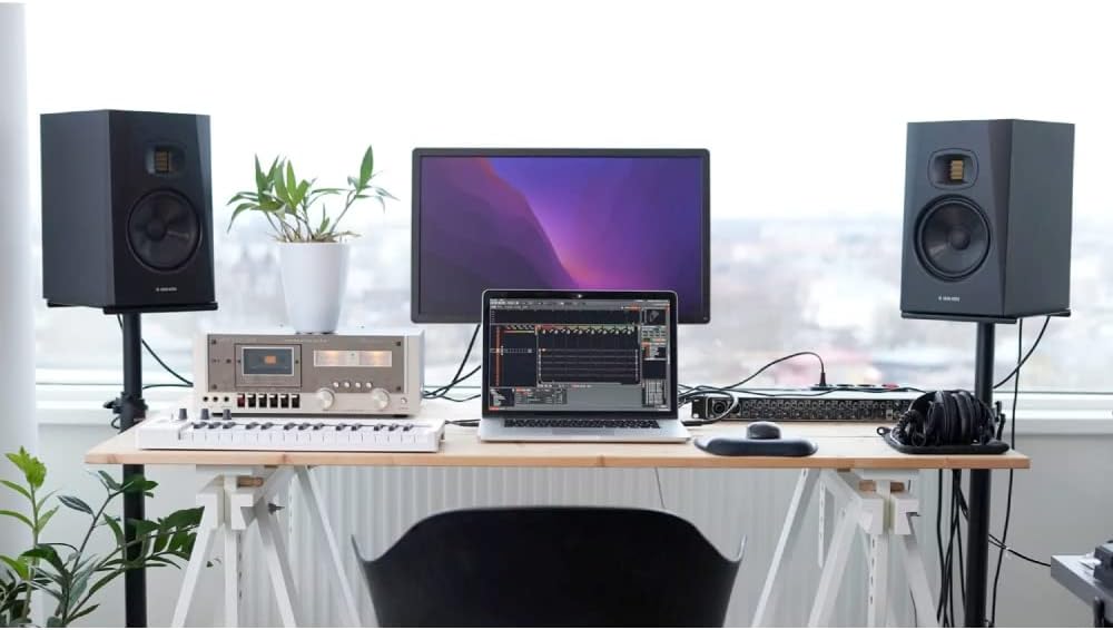 Adam Audio T7V Studio Monitor (Pair) with Frameworks Isolation Pads, Hosa Interconnect Cables, XLR Cables and On-Stage SMS6000-P Studio Monitor Stands