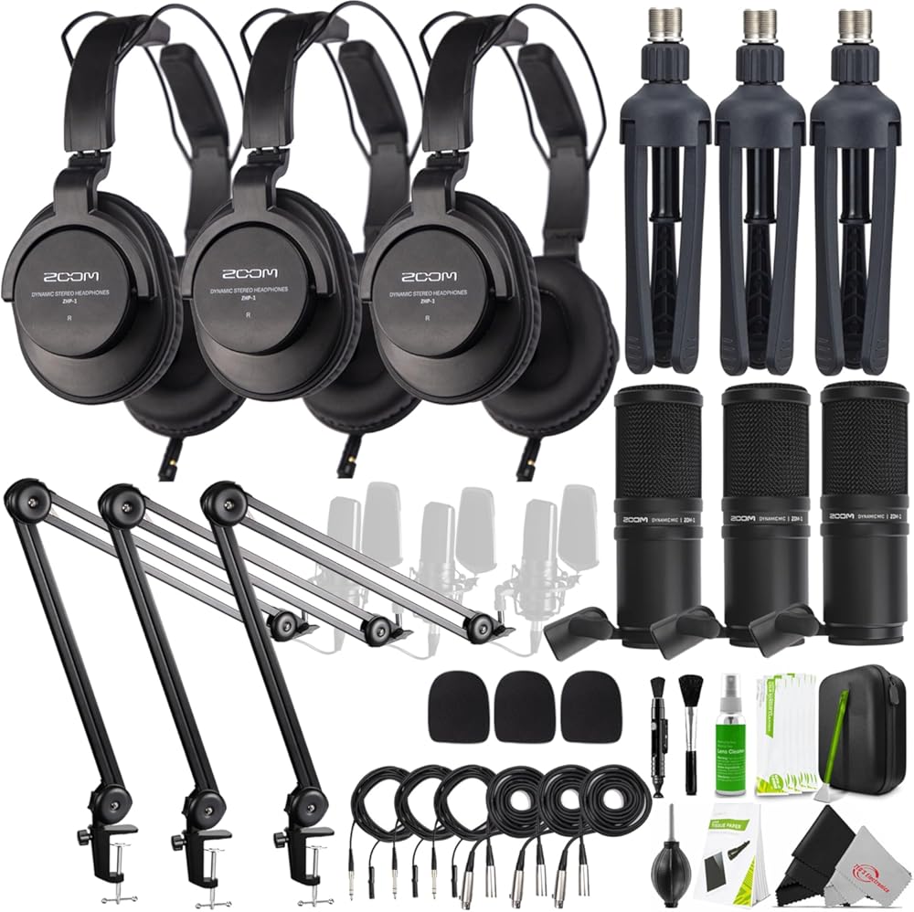 3x Zoom ZDM-1 Podcast Mic Pack Accessory Bundle With Microphone, Headphones, Tripod, Windscreen & Cable and 3x Boya Desk Holder Microphone Stand Bracket + Cleaning Kit