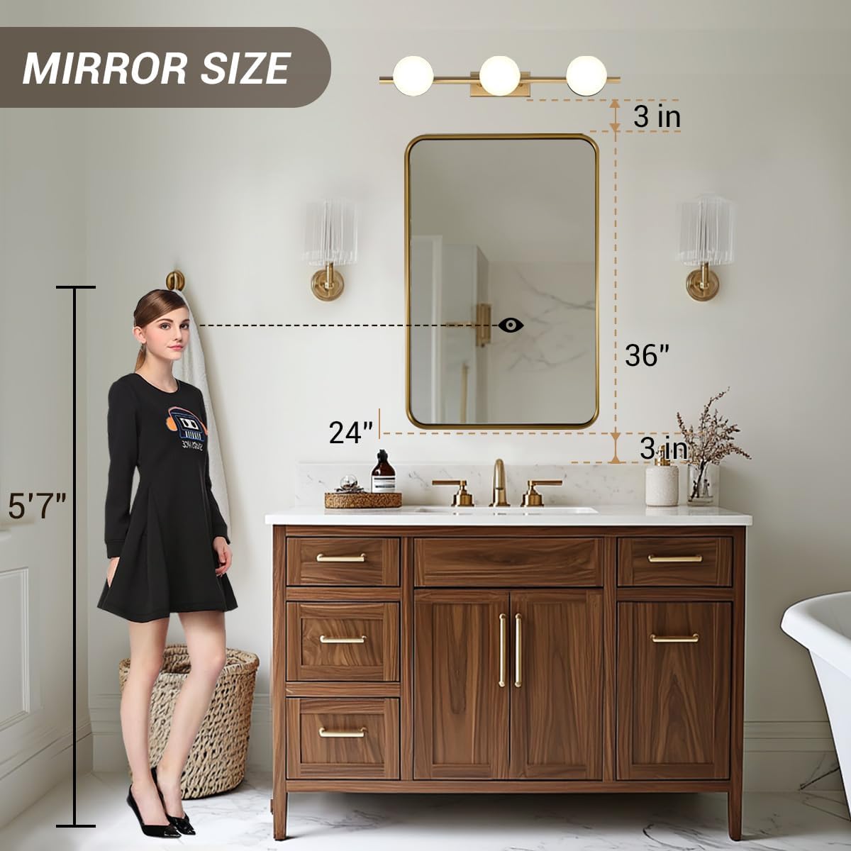 ANDY STAR Gold Bathroom Wall Mirror, 24x36 Inch Rectangle Mirror for Bathroom with Rounded Corner, Brushed Brass Rectangular Vanity Mirror with Anti-Rust Tube Metal Frame, Contemporary, Wall Mount