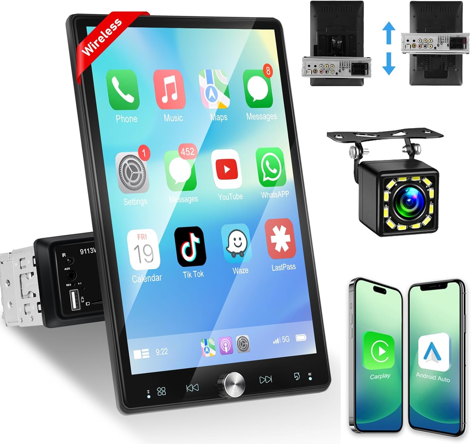 NHOPEEW 10.4 Inch Vertical Single Din Touchscreen Car Radio - Car Stereo with Wireless Carplay and Android Auto - Bluetooth/Mirror Link/SWC/FM/USB Charging + 12leds Backup Camera & Microphone