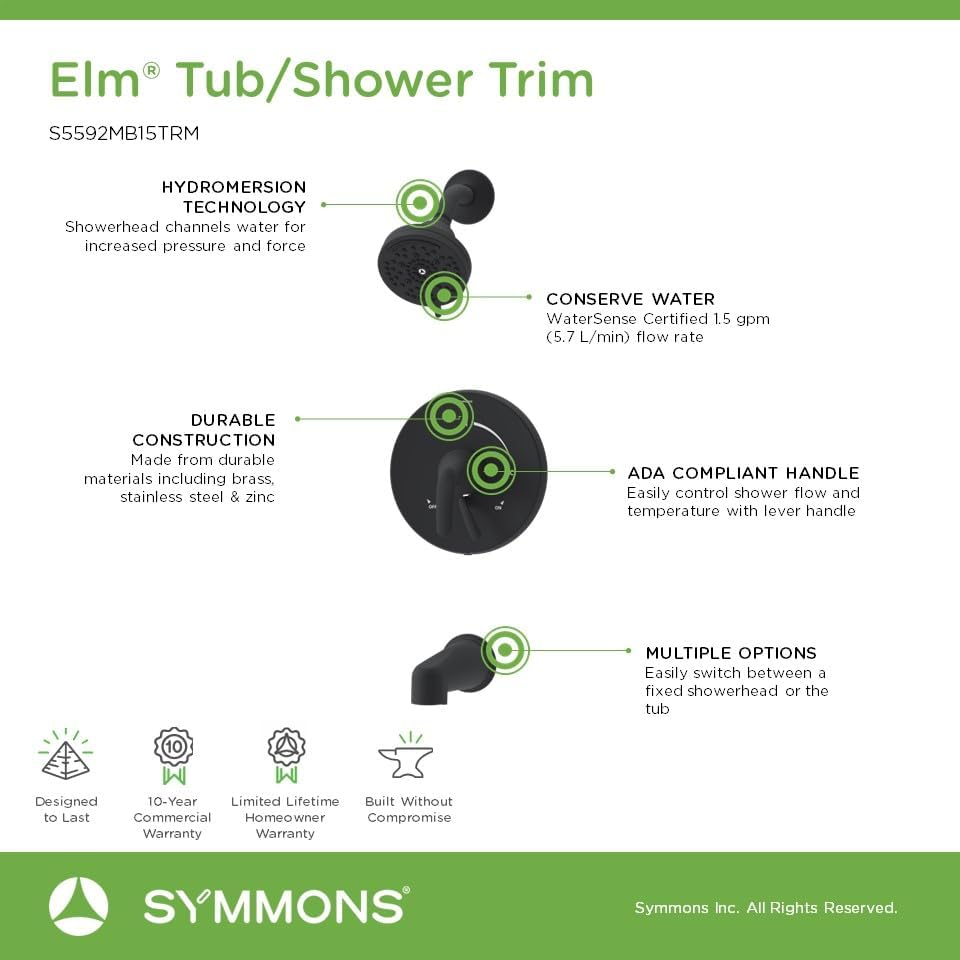 Elm Single Handle Wall Mount Tub and Shower Trim Kit with Diverter Lever in Matte Black - Valve Not Included - 1.5 GPM Flow Rate - S5592MB15TRM