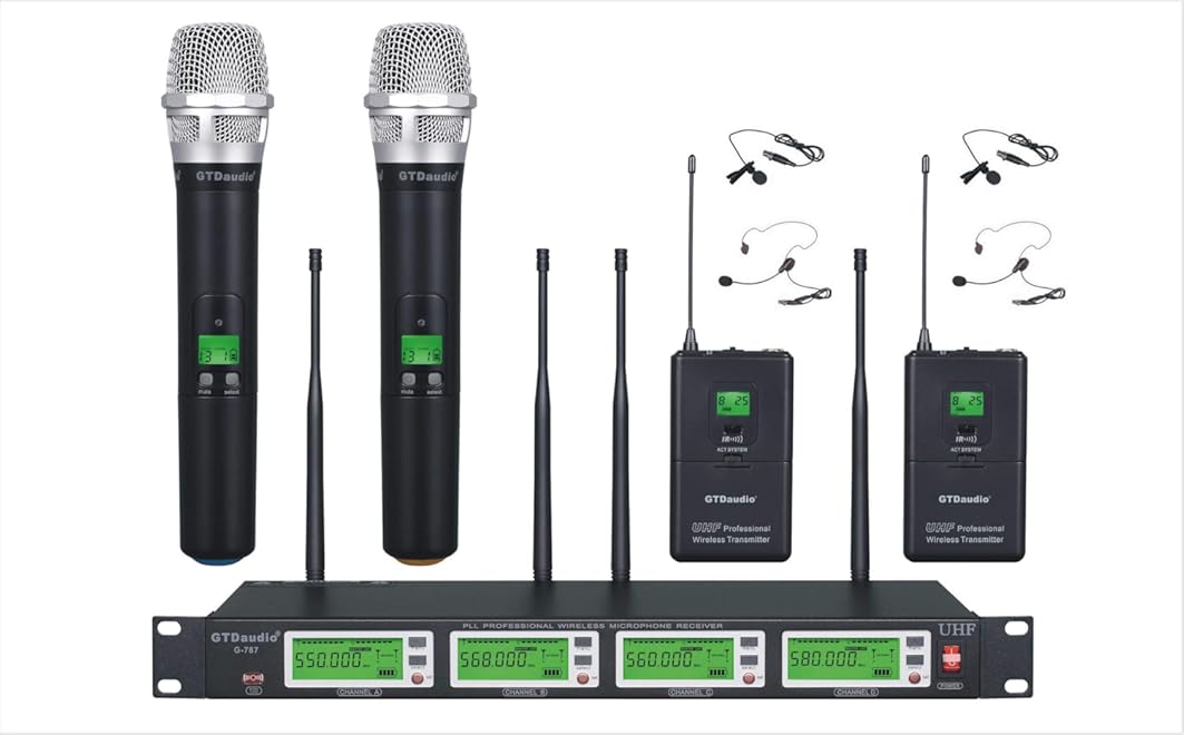 GTDaudio 4 x 800 Adjustable Frequency Channels UHF True Diversity Wireless Lavalier (Lapel) Headset Microphone Mic System 787HL (2 Lavalier & 2 Handheld Mics)