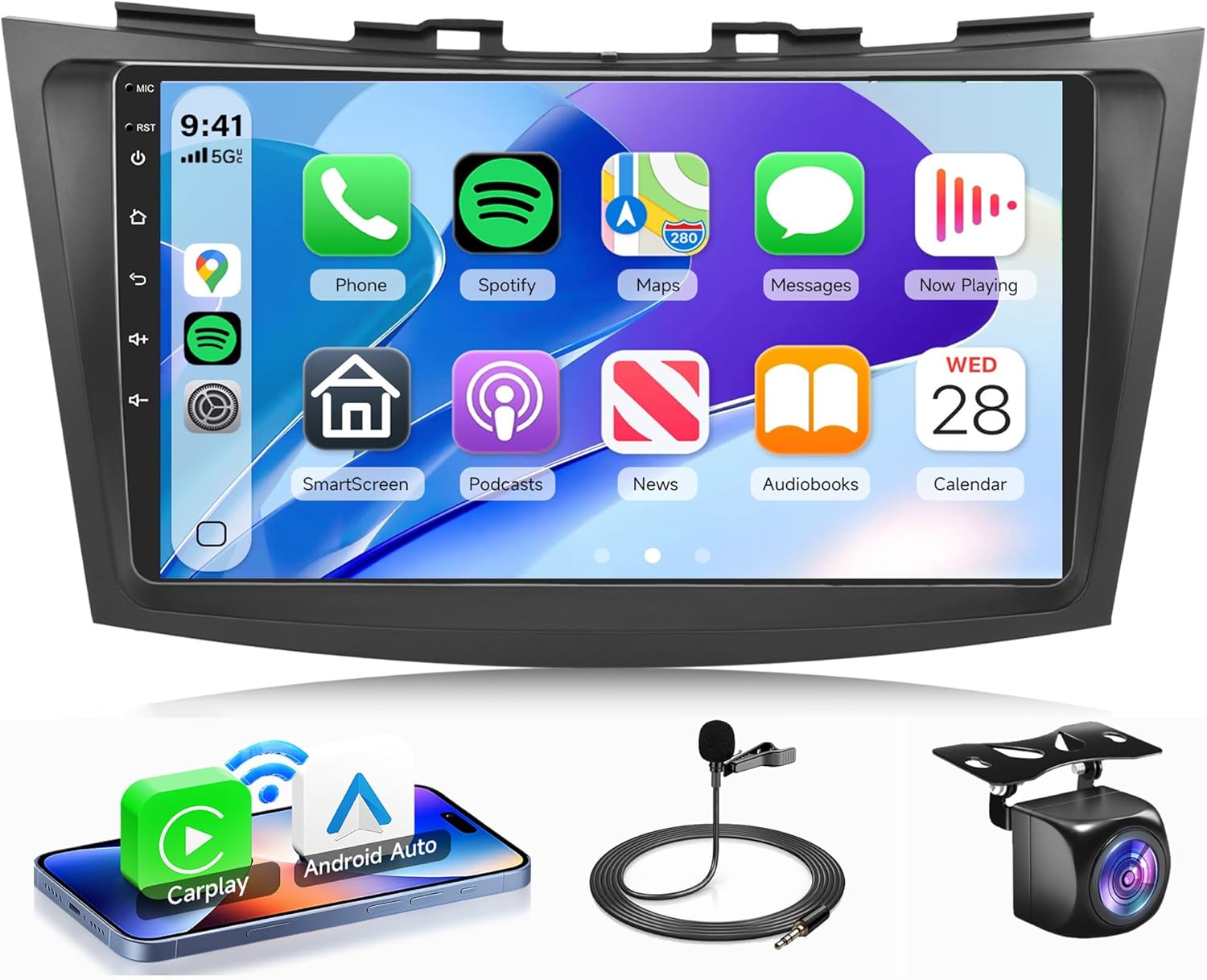 4G+64G Car Radio for Suzuki Swift 2011-2017, Rimoody Android Car Stereo Carplay Android Auto EQ 9 Inch Touchscreen Bluetooth FM RDS GPS WiFi Mirror Link Backup Camera