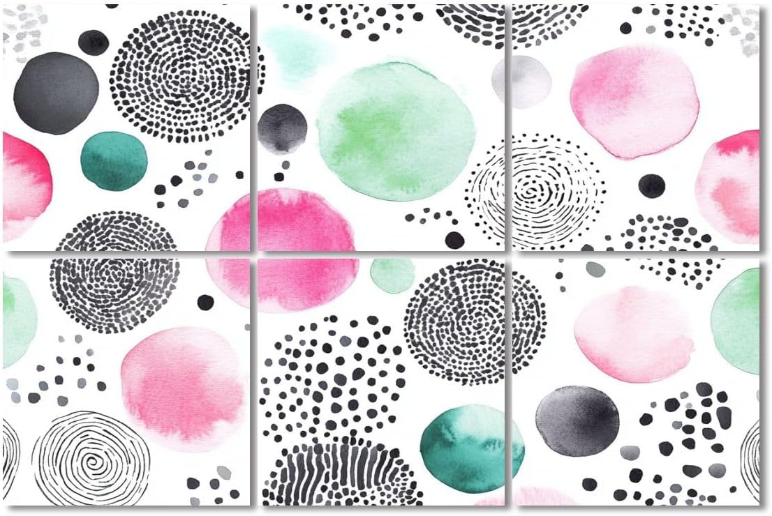 6 Pack Art Acoustic Panels Sound Absorbing Boho Circles Geometric Pink Art Abstract Watercolor Black White Dots Decorative Soundproof Wall Panels Self Adhesive for Recording Studios Office 72