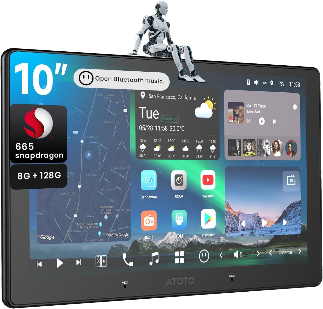 10 inch QLED AI Android Car Stereo, 8G+128G Double Din Radio, Wireless Carplay & Android Auto, 4G LTE, Dual WiFi, 7.1.2 Channel Audio,FLAC, 36B-EQ, Hi-Volt RCA, HDMI Input, X10G211E