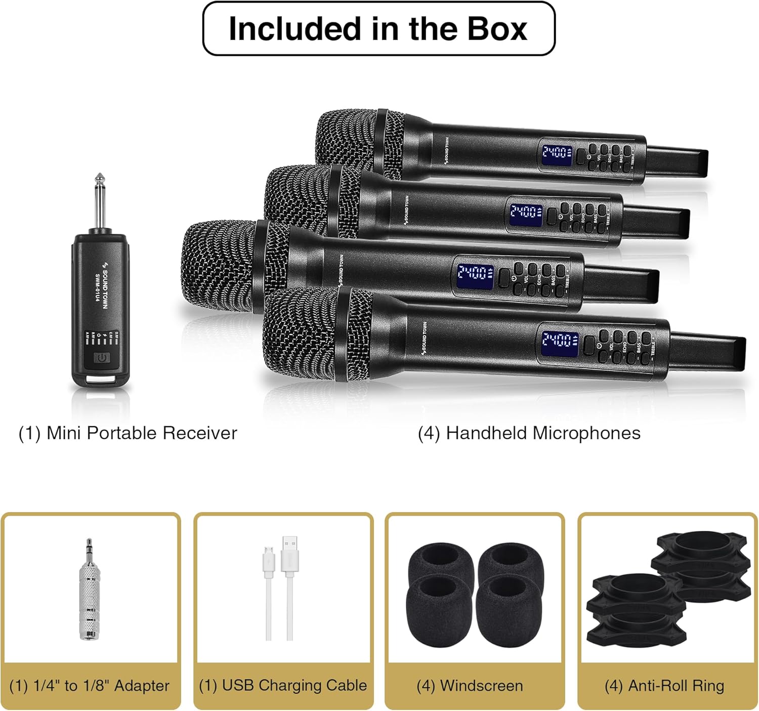 Sound Town 2.4GHz Rechargeable Wireless Microphone System with 4 x Handheld Mic, 1/4