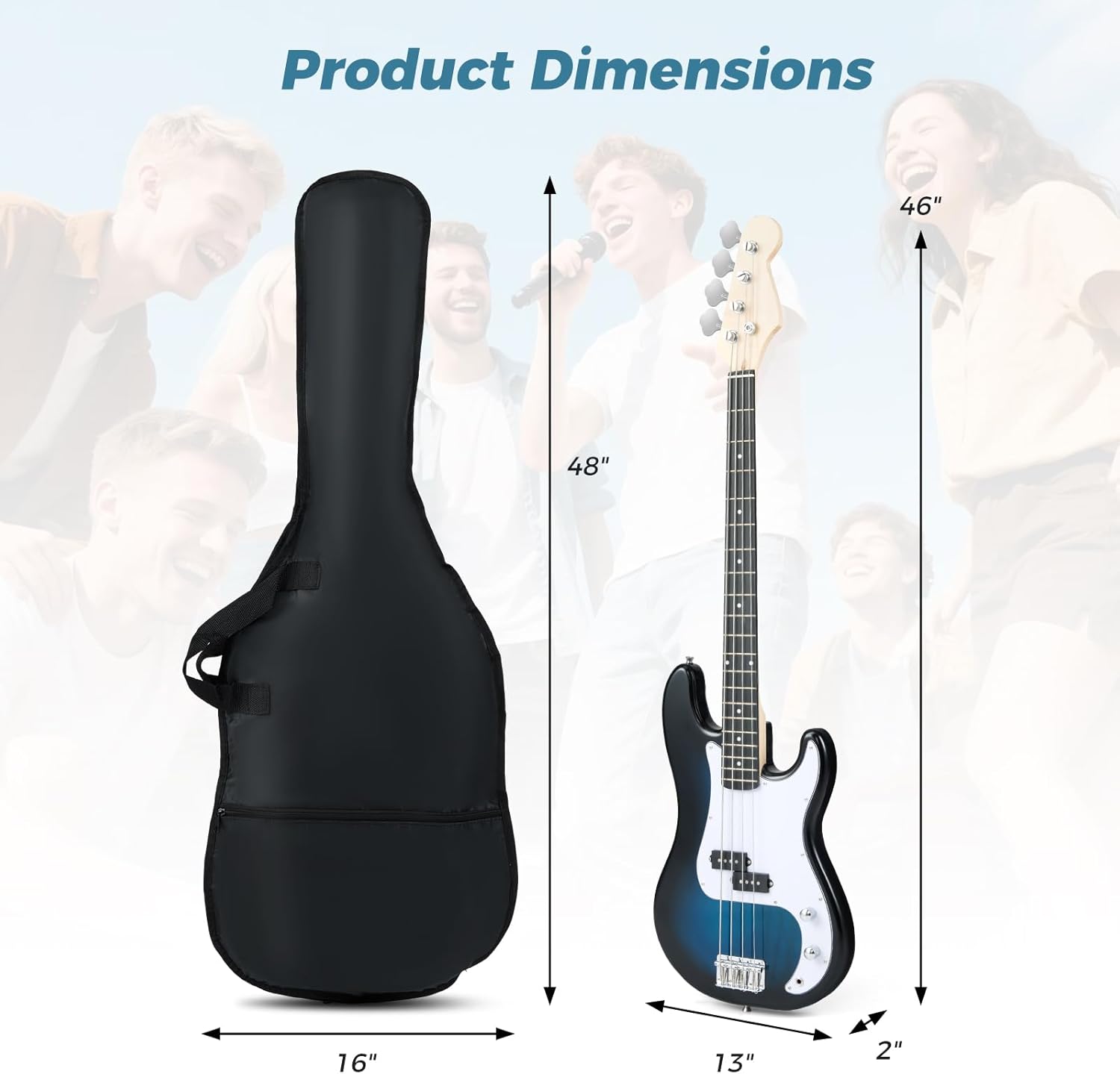 Costzon Electric Bass Guitar, 46” 4 String Full Size Beginner Bass Guitar Kit with 2 Pickups, Open-gear Tuning, Gig Bag, Cable, Strap, Rope & 3 Picks, Right-handed Bass Guitar for Starter (Blue)