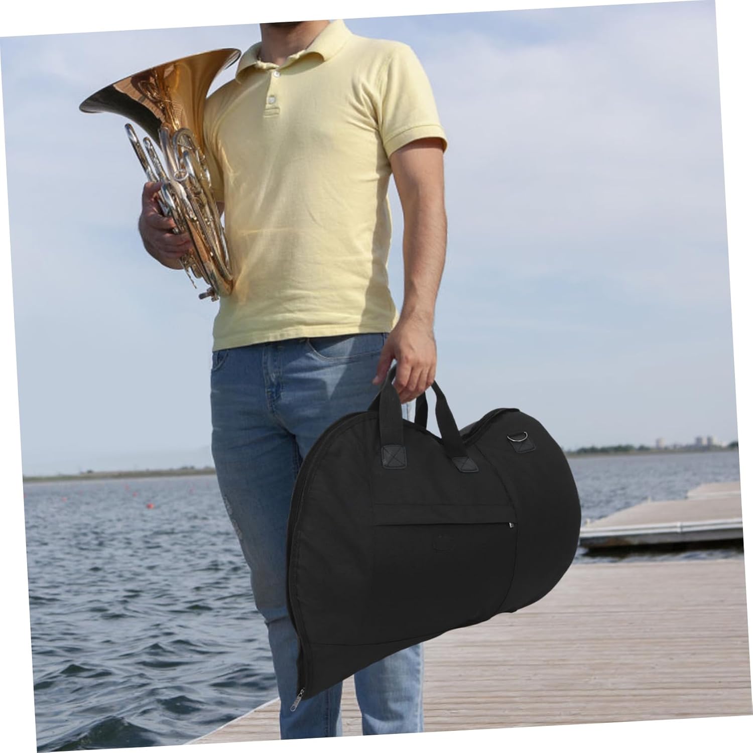 Portable French Horn Bag Single Shoulder Strap Includes Exterior Pocket for Accessories for Students and Professionals Random Color