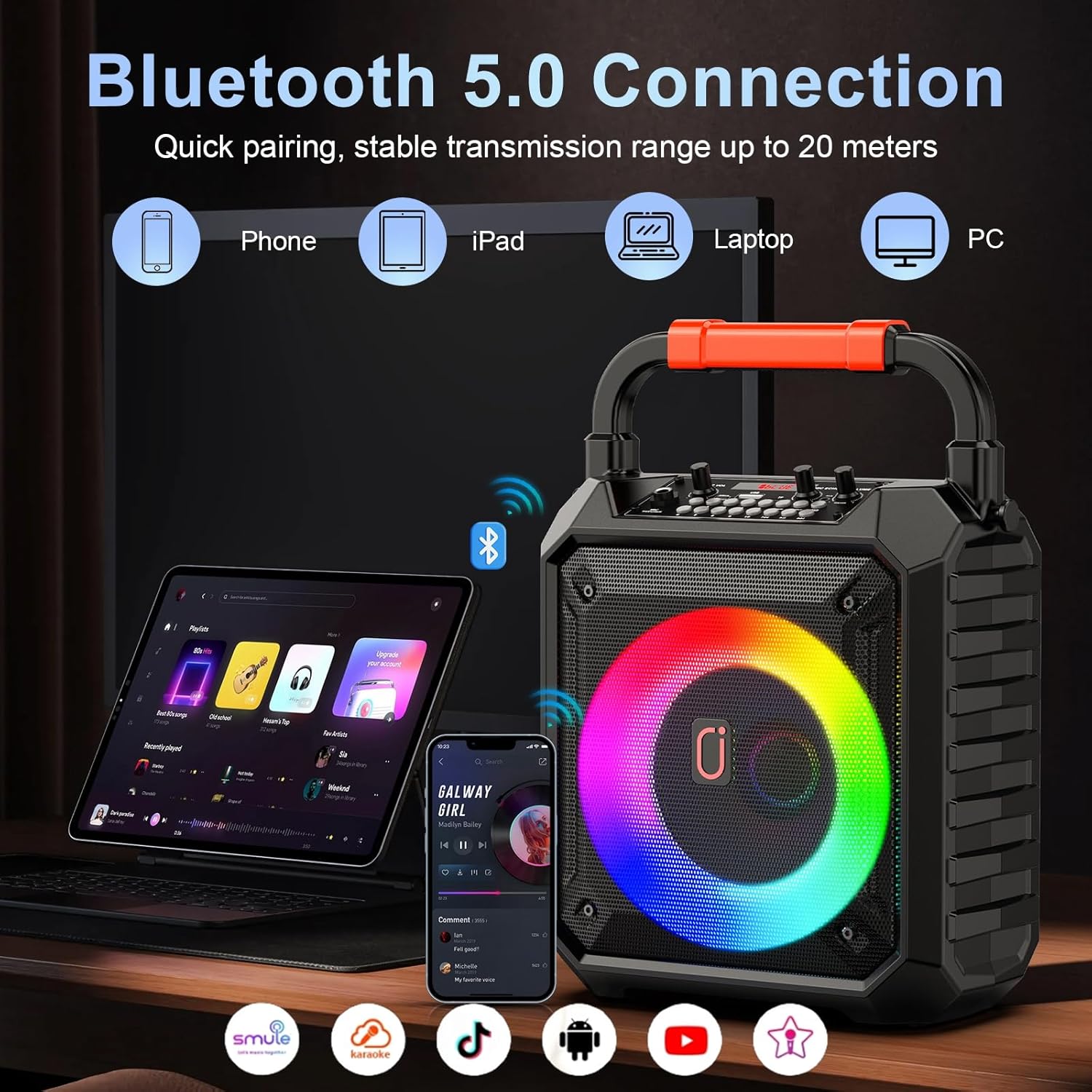 Karaoke Machine HWWR, Pro Karaoke Speaker with 2 Wireless Microphones, Portable Design 5.3 Bluetooth for Adults Kids Gifts with DJ Lights for Home Party, Outdoor Events, Supports FM/USB/AUX/REC/TF