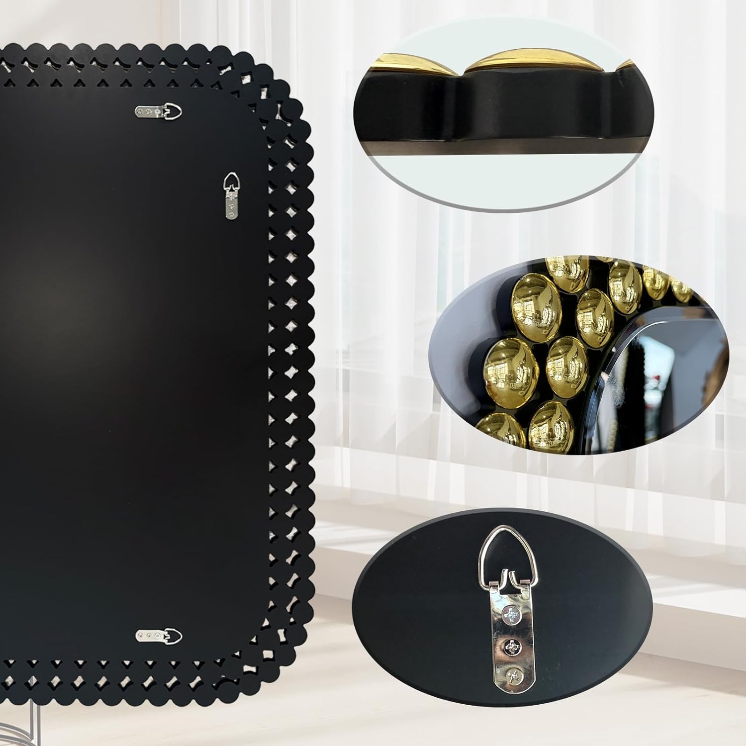 Wall Mount Bathroom Mirror Beaded Framed Baroque Decorative Vanity Mirror Rounded Corner Rectangle Mirror for Wall,Over Sink，Bedroom