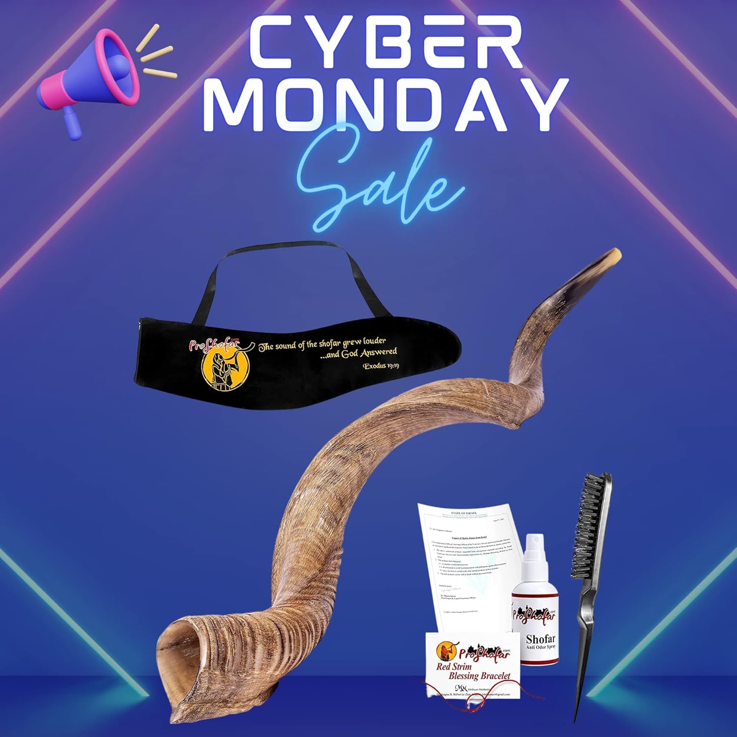 Israel Shofar Set, Natural Kudu Horn Shofar, Kosher Yemenite Traditional Musical Instrument for Jewish Spiritual Ceremonies and Religious Sermons