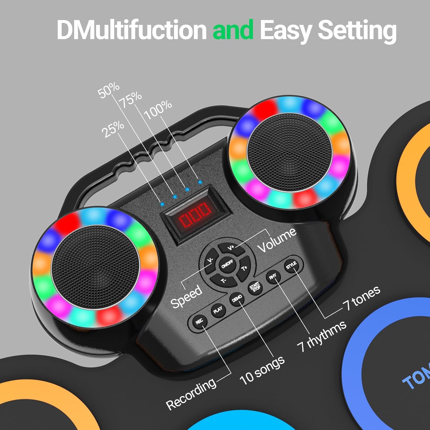 ROCKSOCKI Electronic Drum Set 9Pads with LED Lights, Bluetooth Portable Electronic Drum Kit, Roll-Up Practice Drum Pad, Built-in Dual Speakers, Headphone, Holiday Birthday Gift for Kids