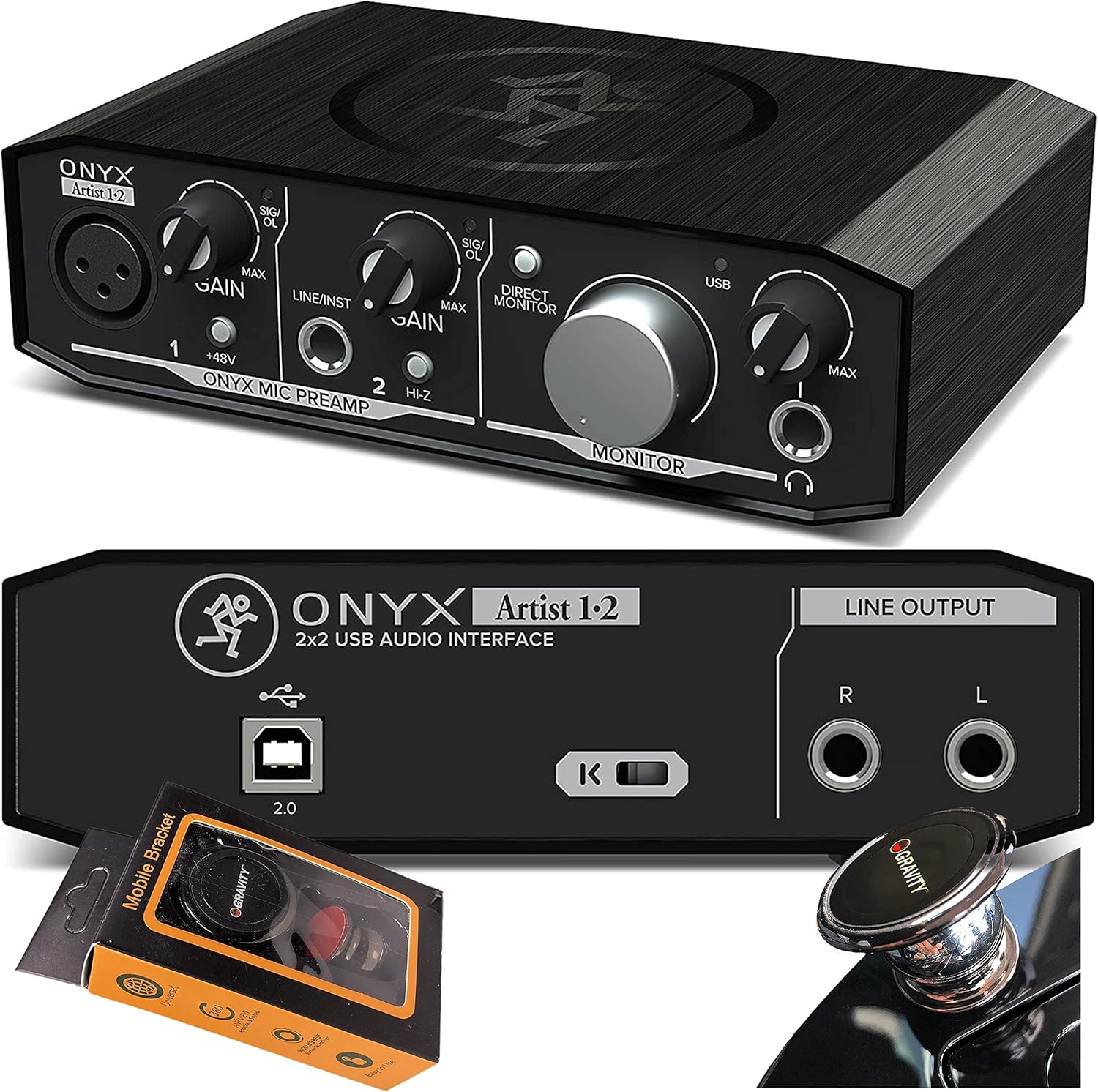 Mackie Onyx Artist 1-2 USB Audio Interface 2-in/2-out USB 2.0, 24-bit/192kHz, with 1 Onyx Mic Preamp and Zero-Latency Monitoring, and Software Included with Gravity Phone Holder PK4 Bundle