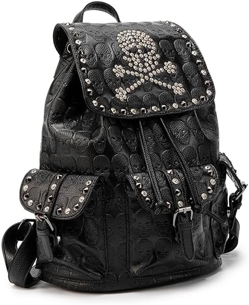 ‌Gothic Studded Skull Backpack for Women & Men, PU Leather Drawstring Backpack with Magnetic Closure, A4 & Tablet Friendly, Statement Design for Daily Use