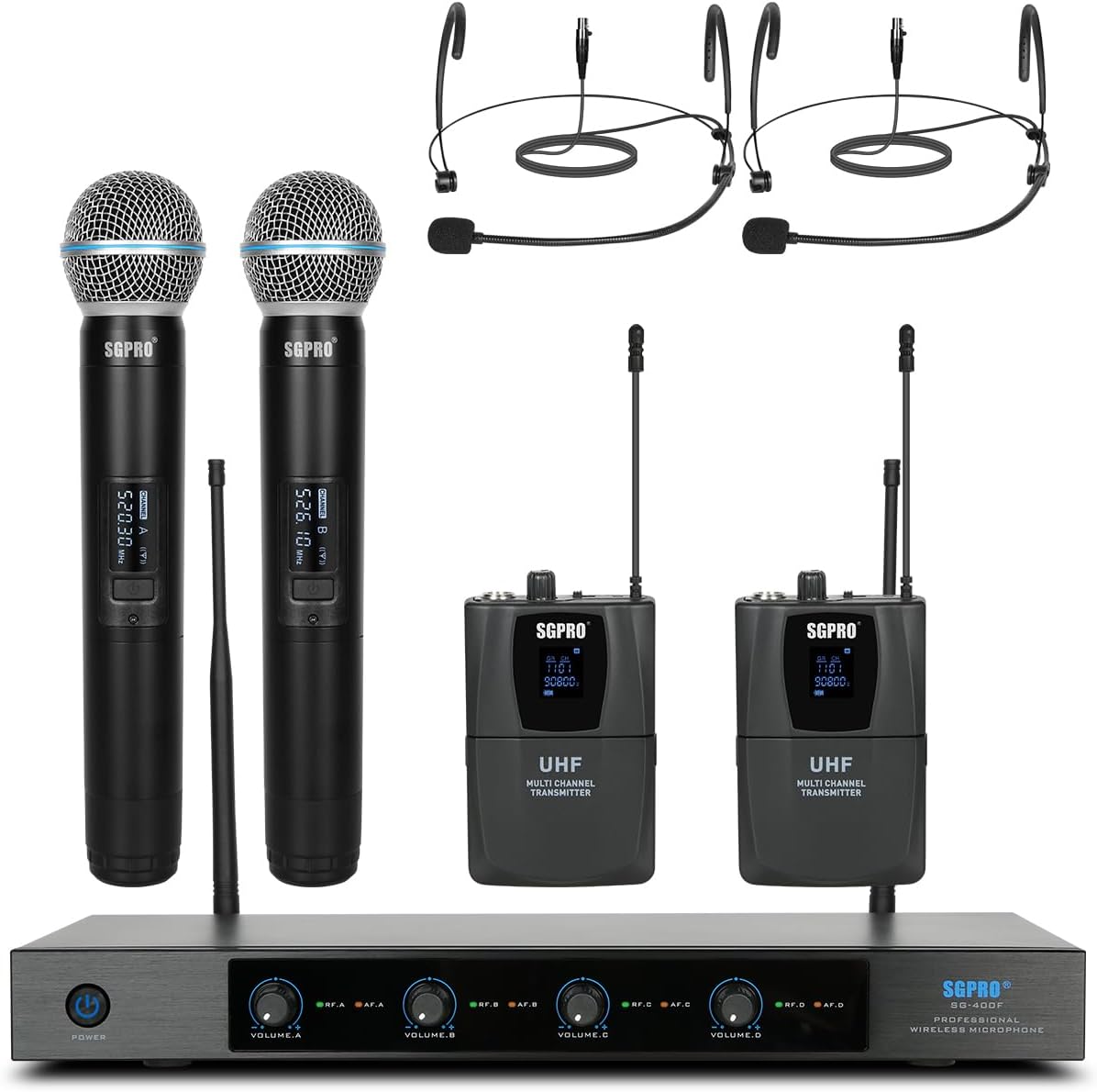 4-Channel Wireless Microphone System - 250Ft Range, Metal Mics & Receiver, Fixed Frequency, 2 Handheld & 2 Headset Configurations for Events & Live Performances (SG-400FHB)