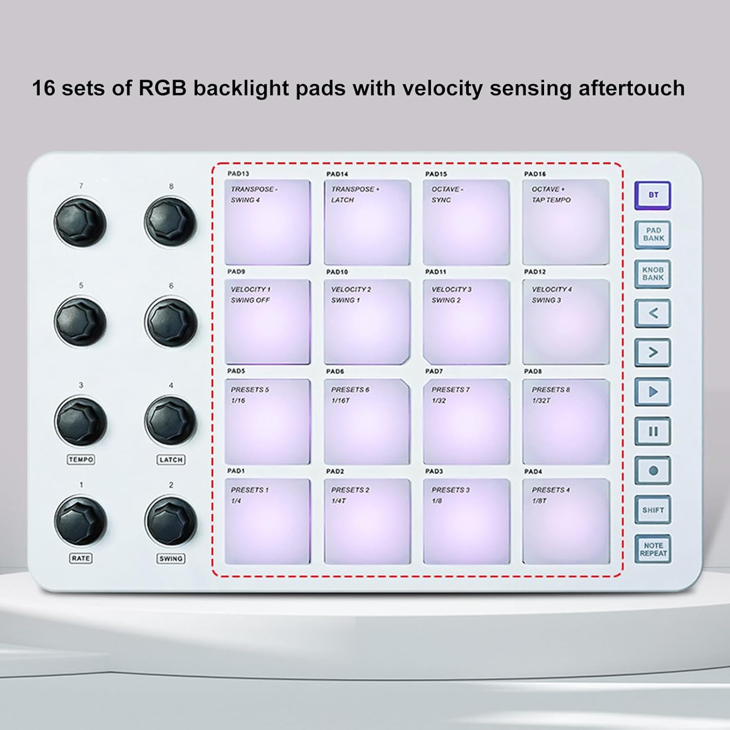 Portable MIDI Drum Pad Controller - Beat Maker Machine with 16 RGB Backlit Pads, Bluetooth USB, 8 Assignable Knobs for Music Production