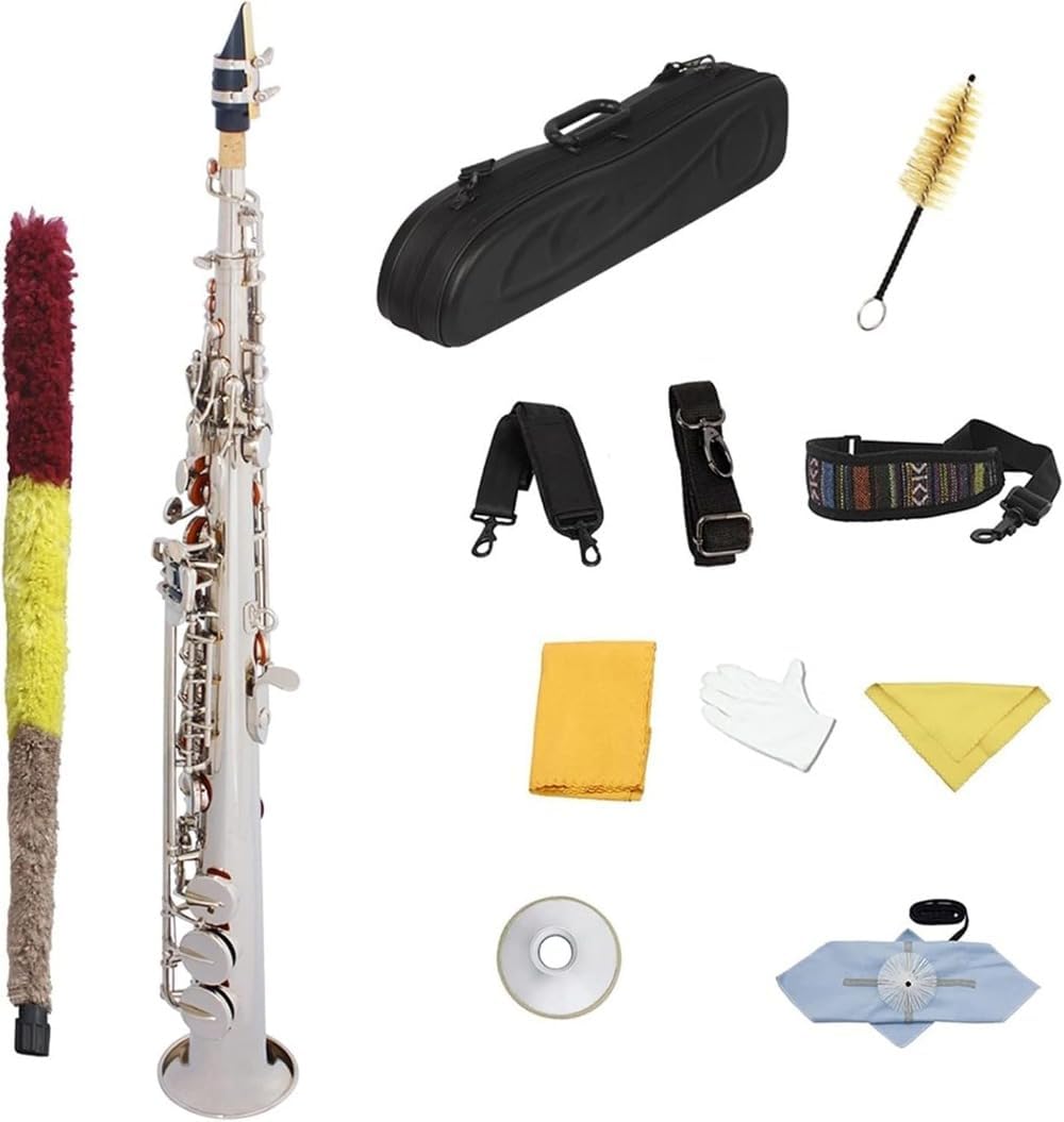 B Flat Straight Saxophone Straight, Brass Gold Lacquered Woodwind Instrument with Case & Accessories (Silver Saxophone)