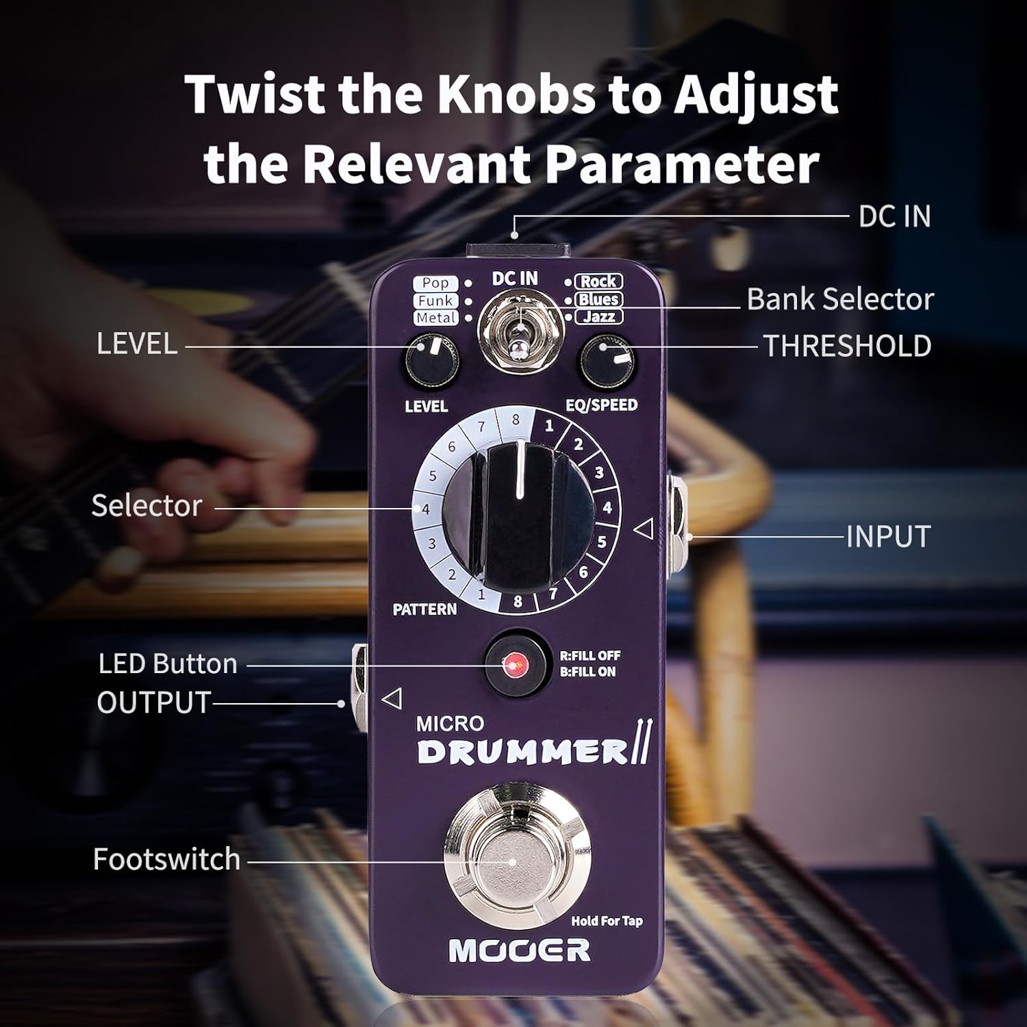 MOOER Micro Drummer II Guitar Drummer Pedal Drum Machine Effect with FILL Function, 48 Drum Grooves, and 6 Music Style Per 8 Different Rythem, With EQ, Tap Tempo for Electric Guitar