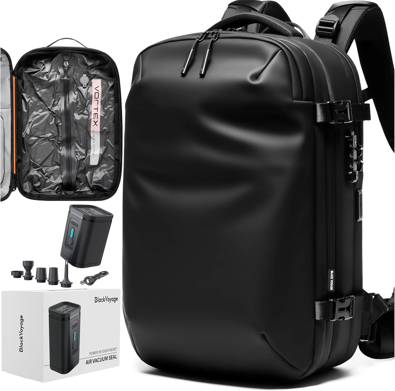 Vortex Vacuum Seal Travel Backpack 60L Expandable Air Compression System Water Resistant TSA Lock Carry-On Suitcase Luggage Black Zephyr - Vacuum Pump Included