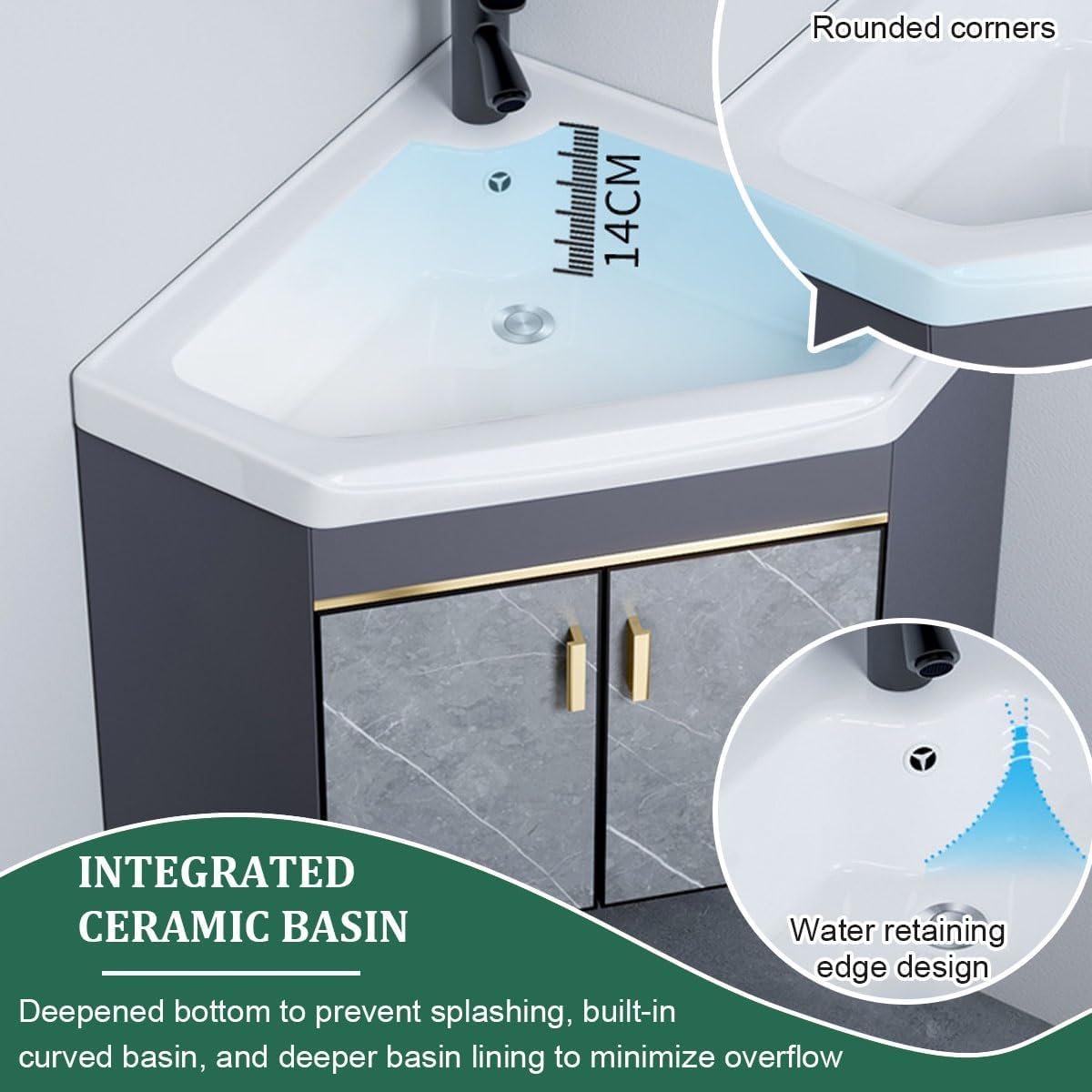 Corner Bathroom Vanity Sink Combo with Mirror, Wall Mount Corner Bathroom Sink Cabinet, Ceramic Bathroom Corner Sink for Small Bathrooms(56cm/22in)