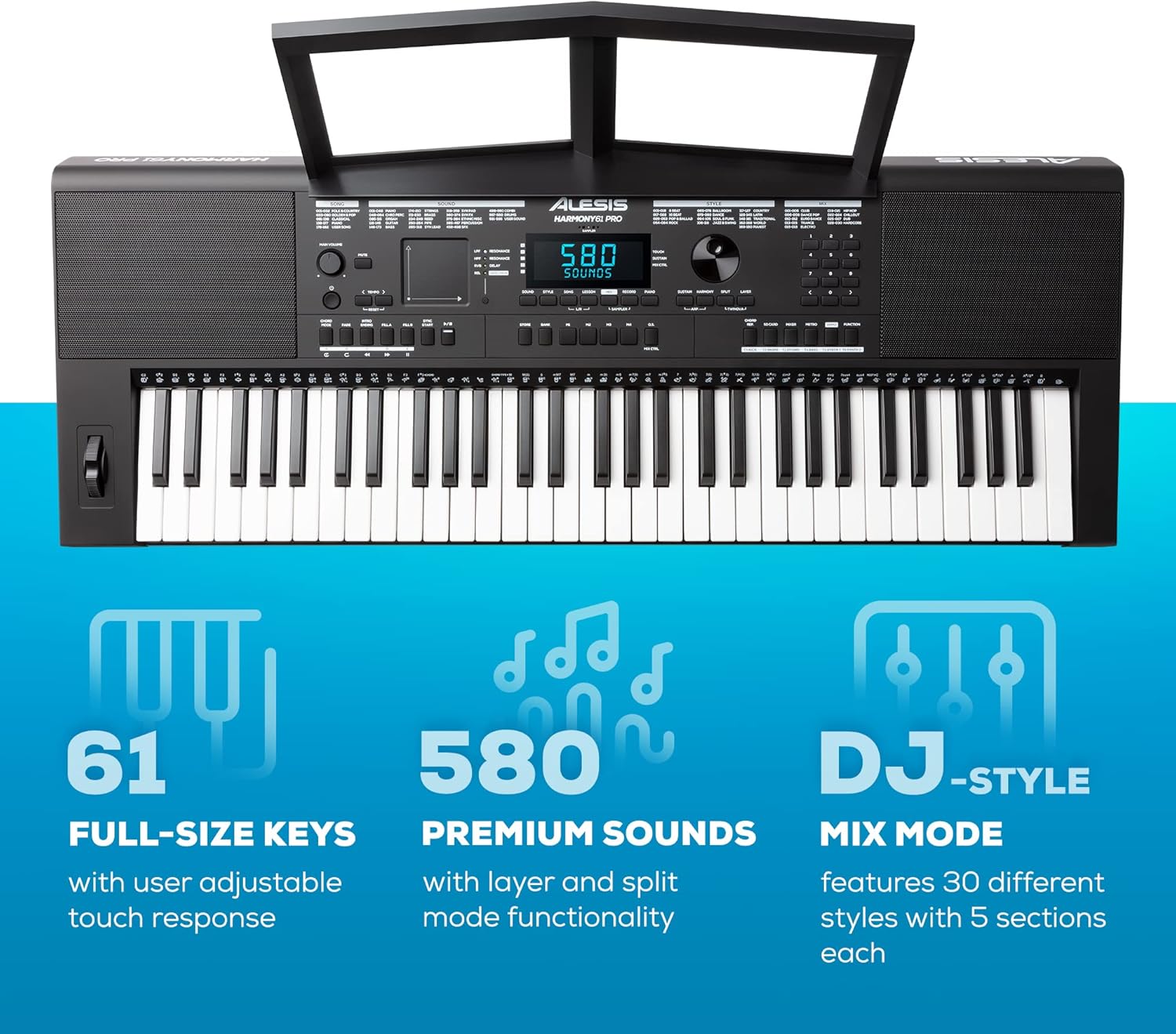 Alesis Harmony 61 Pro - 61 Key Keyboard Piano with Adjustable Touch Response, USB Midi, 580 Sounds, X/Y Performance Touchpad with DJ-Style FX