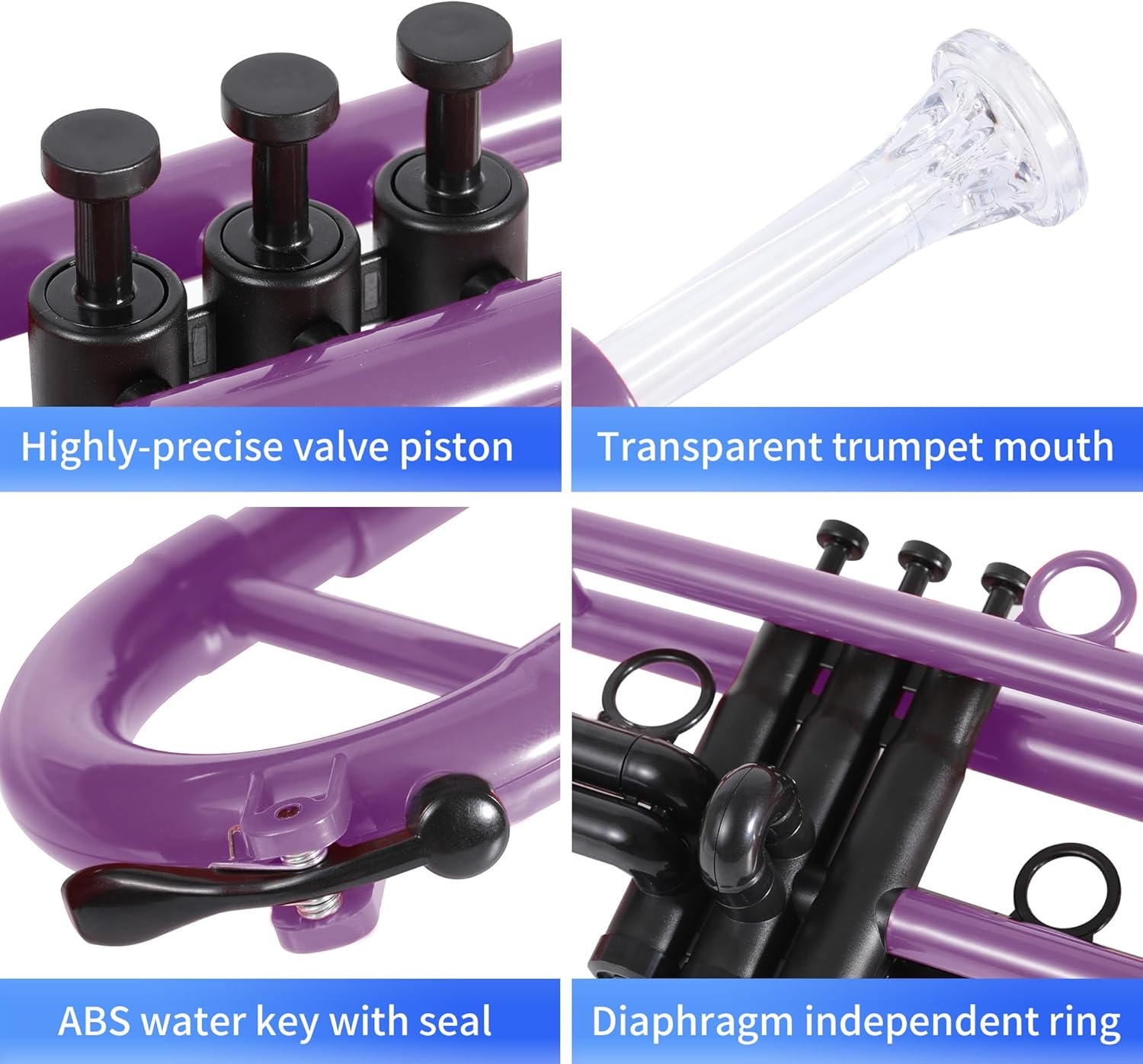 Professional Plastic Bb Trumpet Student Trumpet Set for Student Beginner With 7C Mouthpiece and 3C Mouthpiece Bb Trumpet Instrument Purple, PM160