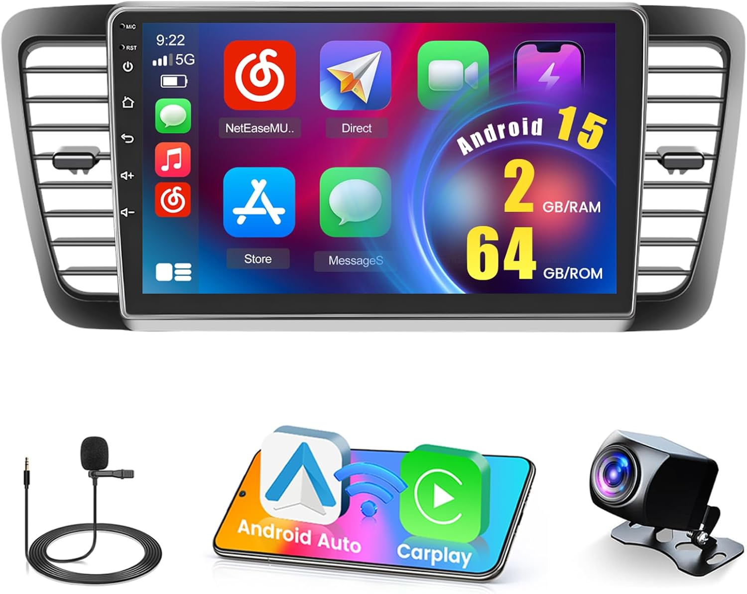[2G+64G] Android 15 Car Stereo for Subaru Legacy 2003-2009 with Wireless Carplay/Android Auto, 9 Inch HD Touchscreen Car Radio with WiFi GPS Bluetooth FM/RDS SWC Backup Camera MIC