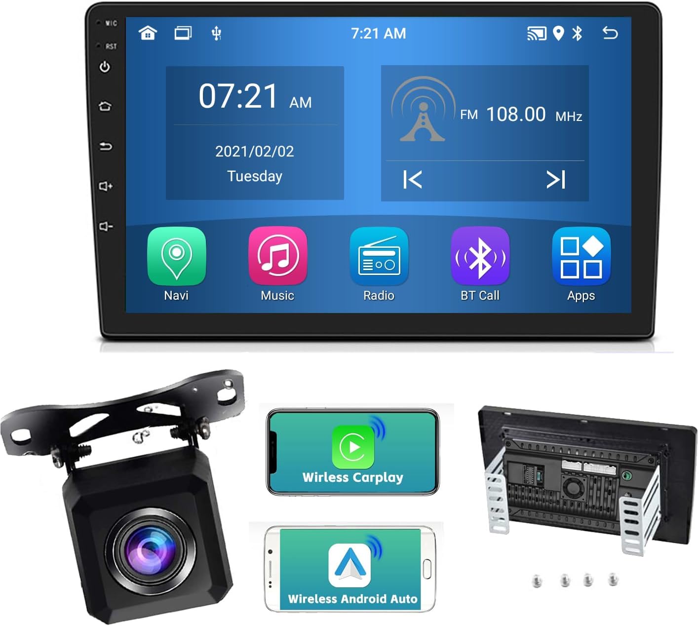 Double Din Car Stereo Audio Receiver Compatible with Apple Carplay, Android Auto, 10 Inch Full Touchscreen Car Stereo, Backup Camera, Bluetooth, USB/TF/AUX Port, A/V Input, FM