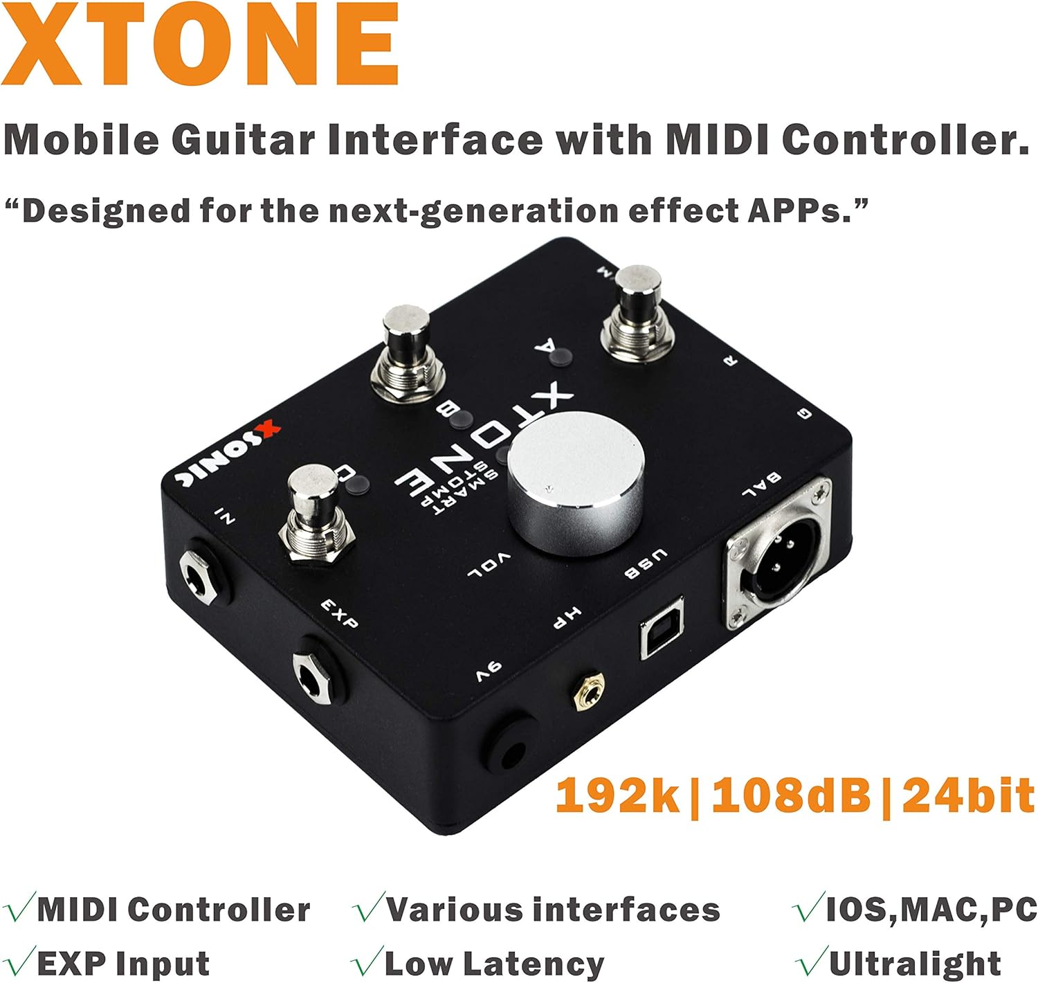 XSONIC Xtone Mobile Audio Interface with Ultra Low Latency, 192KHz Sampling Rate, 108dB Dynamic Range, Pure Guitar Input, 3 Output Port, Expression Pedal Input, Support iOS, Windows, Mac