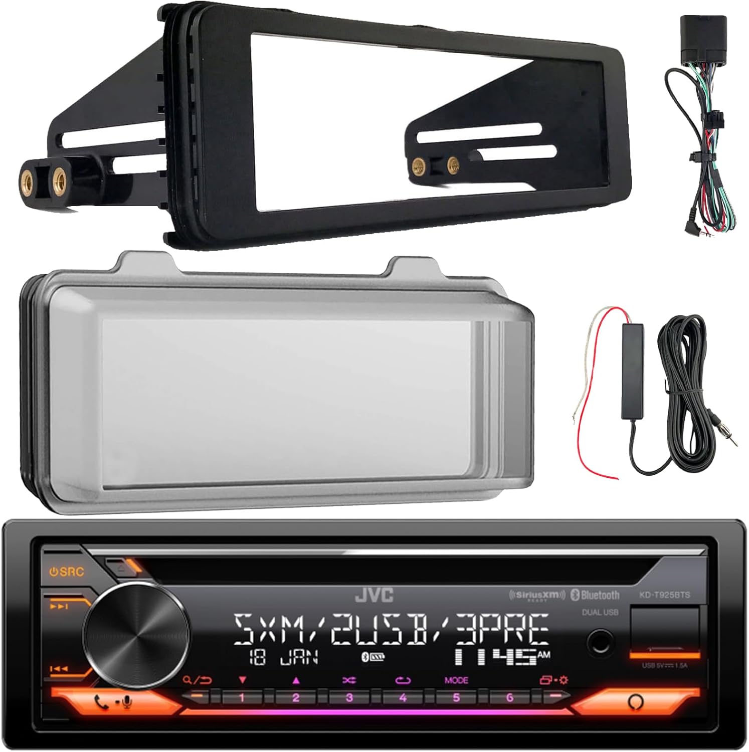 JVC KD-T925BTS Single DIN Bluetooth USB/AUX LED/CD AM/FM SiriusXM Ready Stereo Amazon Alexa Receiver W/Stereo Install Kit + Weather Shield Receiver Cover, 12V Signal Reception Amplifier Booster Kit