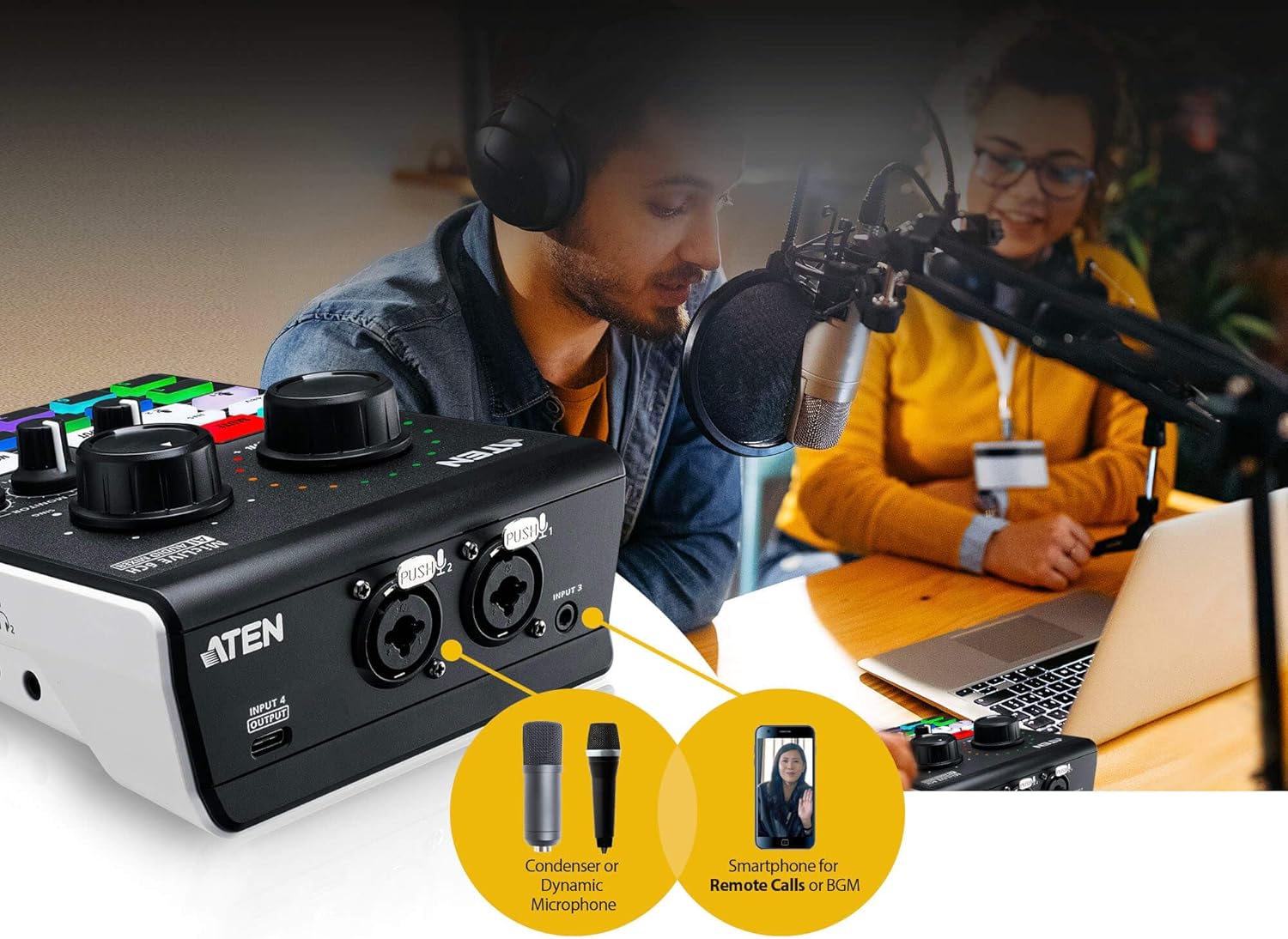 ATEN UC8000 MicLIVE 6-CH Podcast Audio Mixer AI | Built-in Phantom Power, XLR TRS connectors Mic or Instrument Input, USB-C Audio-In, Livestreaming, Podcasting, Audio Recording for Windows and Mac OS