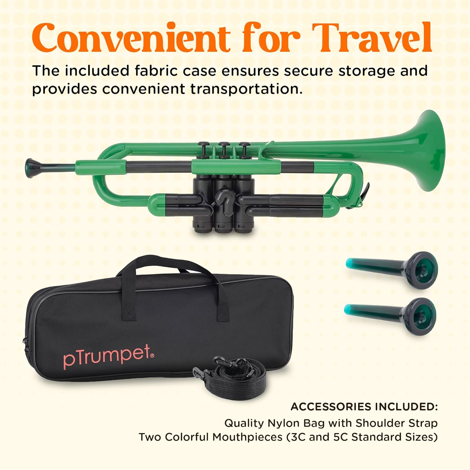 pTrumpet Bb Plastic Trumpet - Durable pInstruments Design with Ergonomic Grip - Includes 3C & 5C Mouthpieces and Carrying Bag - Authentic Sound for Students & Beginners - ABS Build - Green
