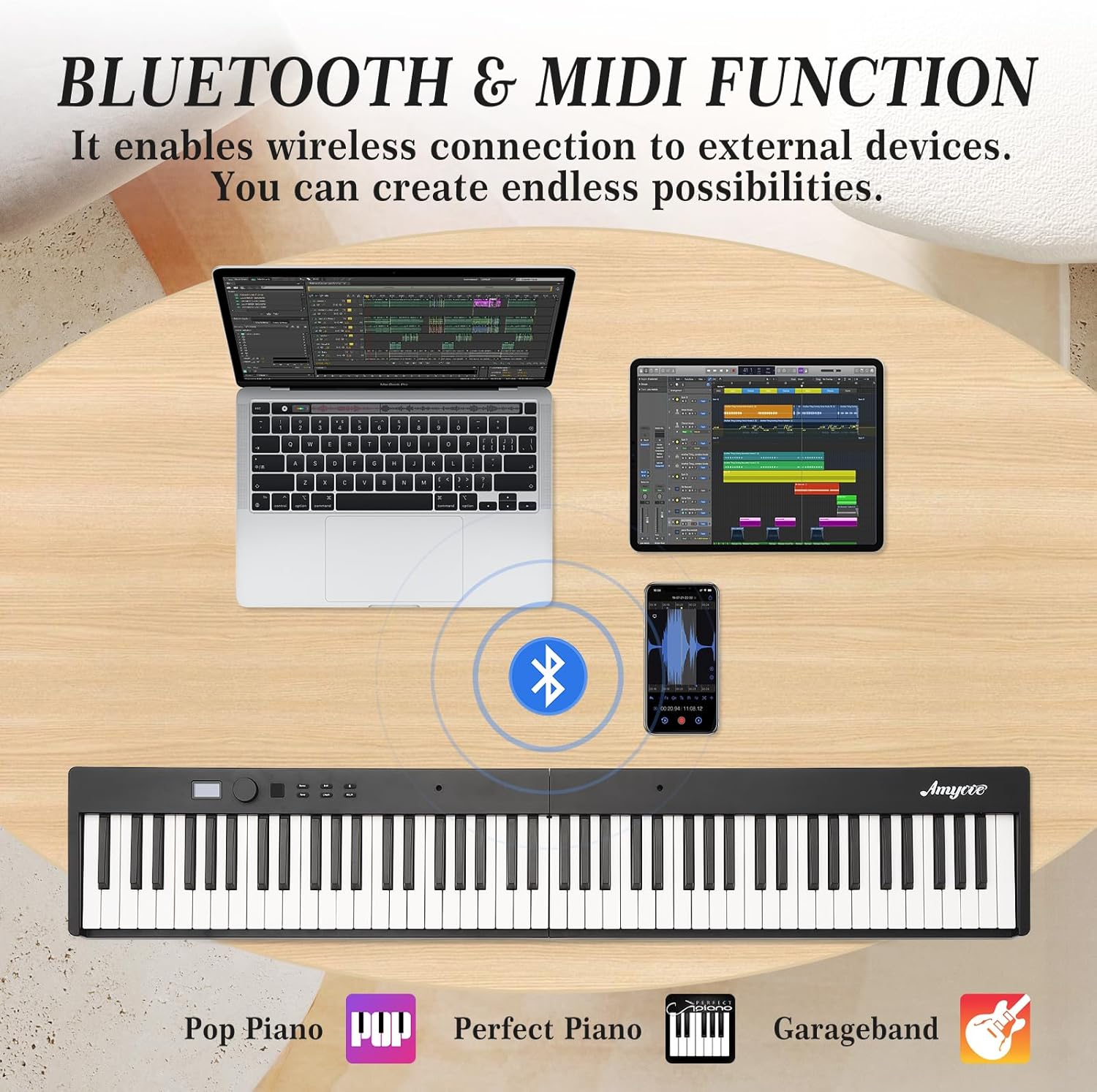 88-Key Portable Foldable Electronic Piano - Touch Sensitive Keyboard, 128 Tones, MIDI Support, Comprehensive Starter Package with Headphones & Carrying Bag