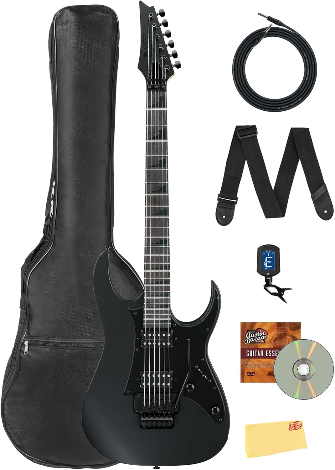 Ibanez GRGR330EX RG GIO Electric Guitar - Black Flat Bundle with Gig Bag, Tuner, Strap, Cable, Austin Bazaar Instructional DVD, and Polishing Cloth