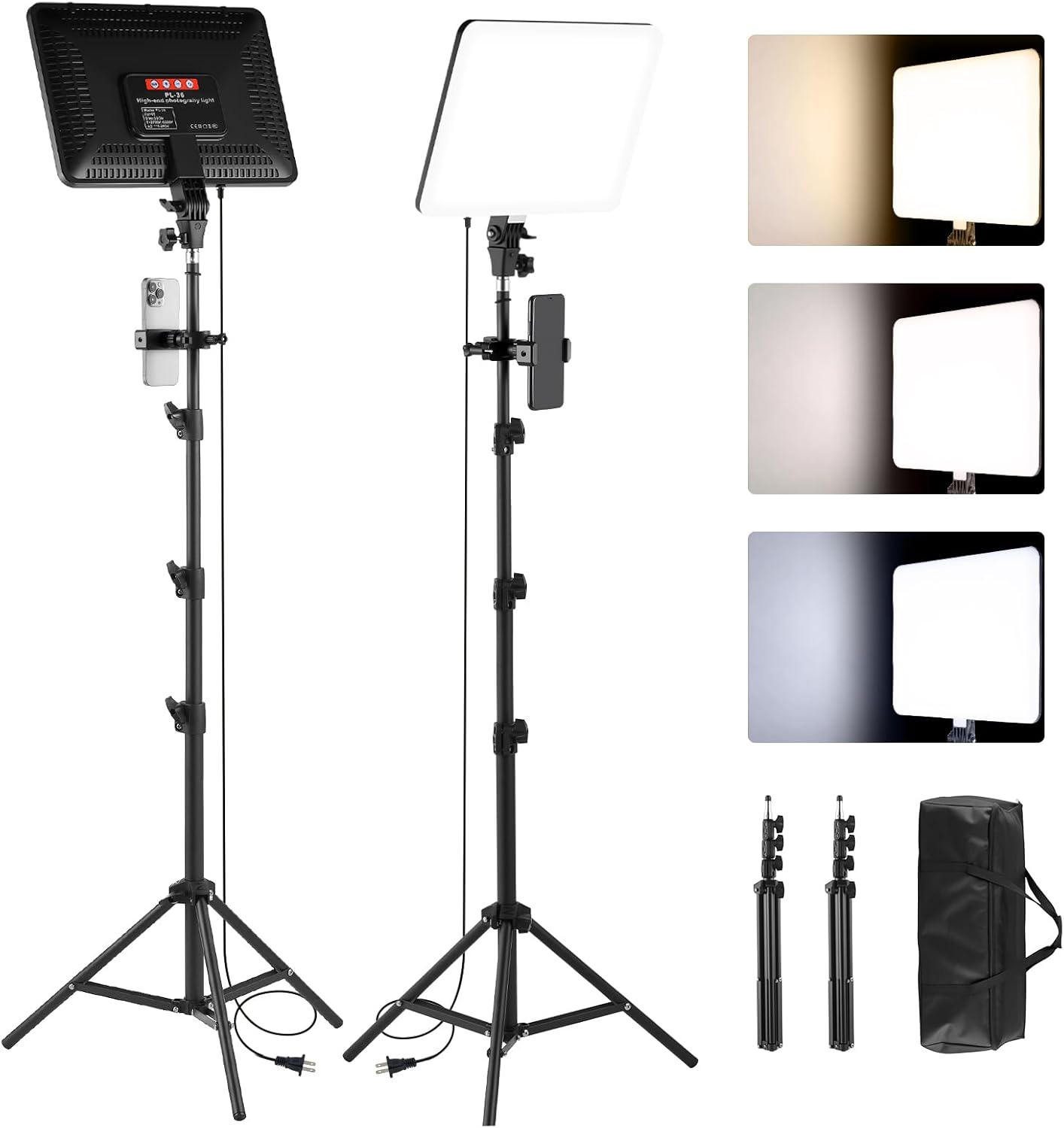Studio Lights for Video Recording, 2-Pack Photography Lighting Kit with 75'' Tripod Stand & Phone Holder, 2700-6500k Dimmable LED Video Light Kit, Podcast Lighting for Live Streaming, YouTube, Tiktok