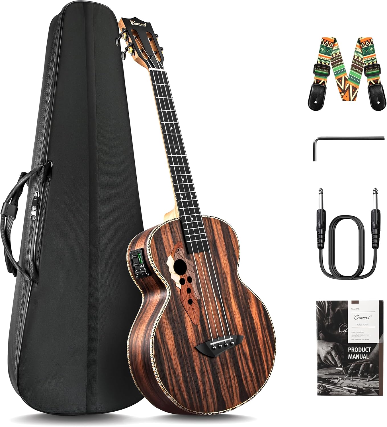 Caramel Ebony Wood Baritone Ukulele 30inch Wood LCD Color Display Electric Ukelele Kit Hawaiian Beginner Guitar Starter Pack Bundle Gig bag, Strap, Strings Set