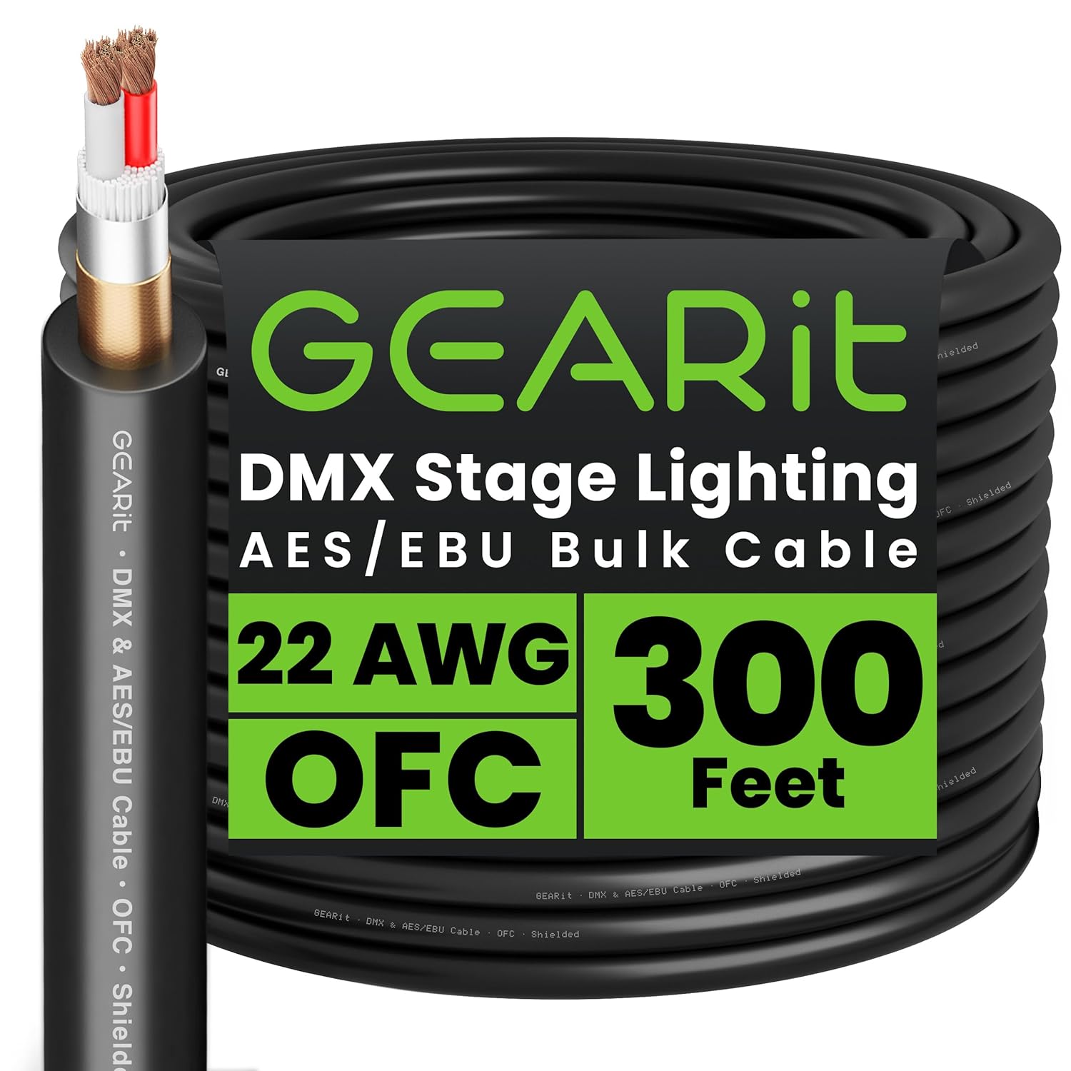 GEARit DMX Stage Lighting Bulk Cable, 300 Ft Extended Length, 2-Conductor, Compatible with 3-Pin XLR Connectors for DMX and AES/EBU, 22 AWG Oxygen Free Copper - for DJ LED Par Lights, Recording Studio