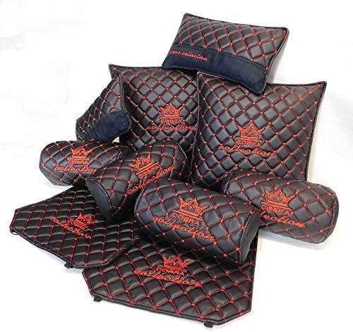 Cobra Auto Accessories Black and RED Diamond JDM VIP CAR Interior Seat Back and Neck Pillows Set (10 Piece)