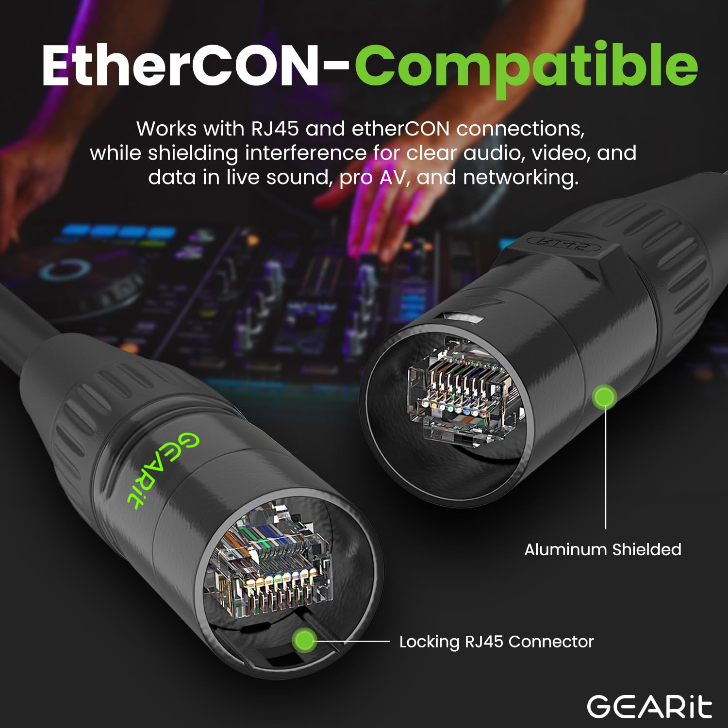 GEARit Shielded CAT6 Ethercon Cable (100 Feet) Professional Audio & Lighting RJ45 EtherCON-Compatible Cable for Studio, Stage, Concerts - 100ft Black