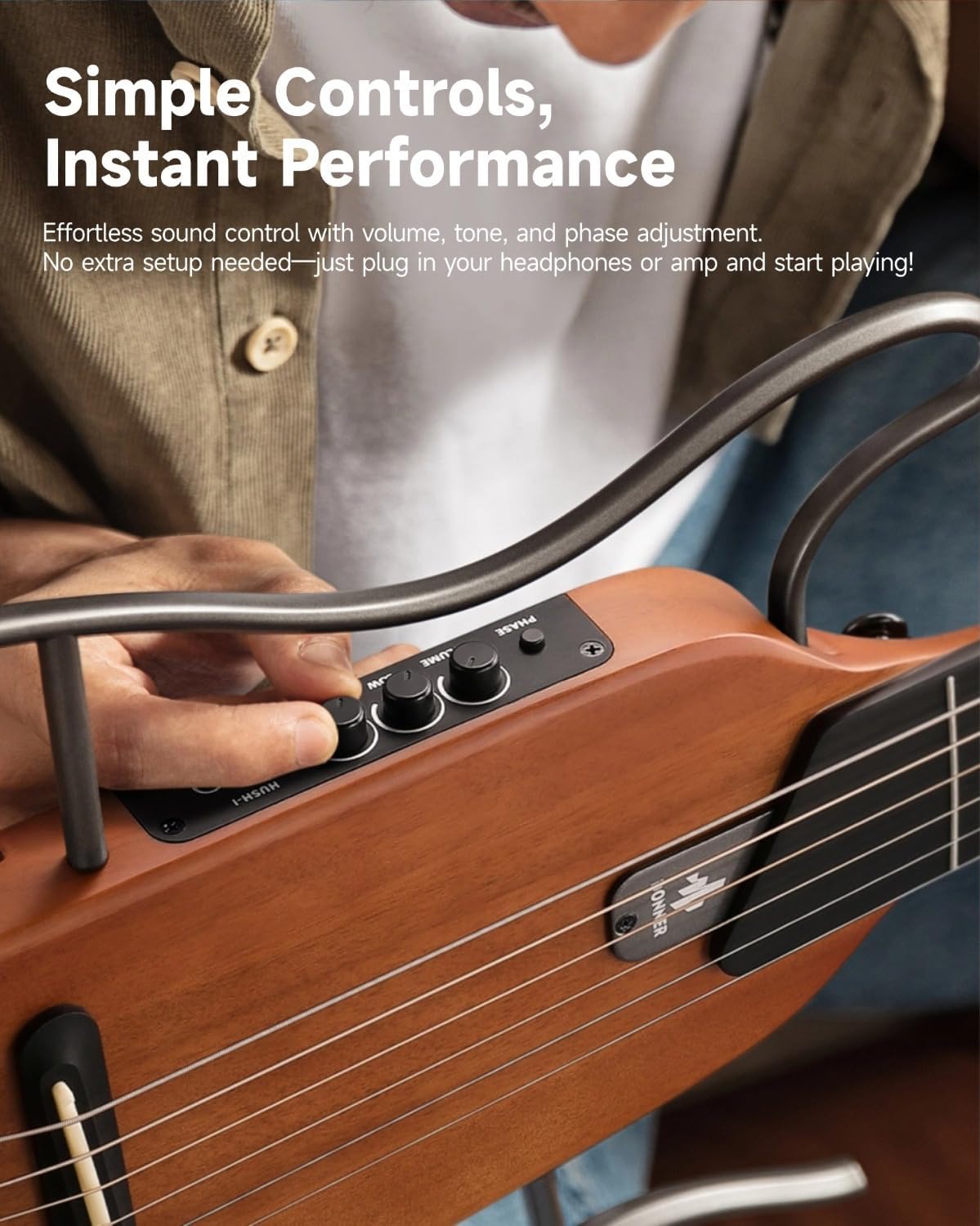 Donner HUSH I Guitar For Travel - Portable Ultra-Light and Quiet Performance Headless Acoustic-Electric Guitar, Mahogany Body with Removable Frames, Gig Bag,and Accessories