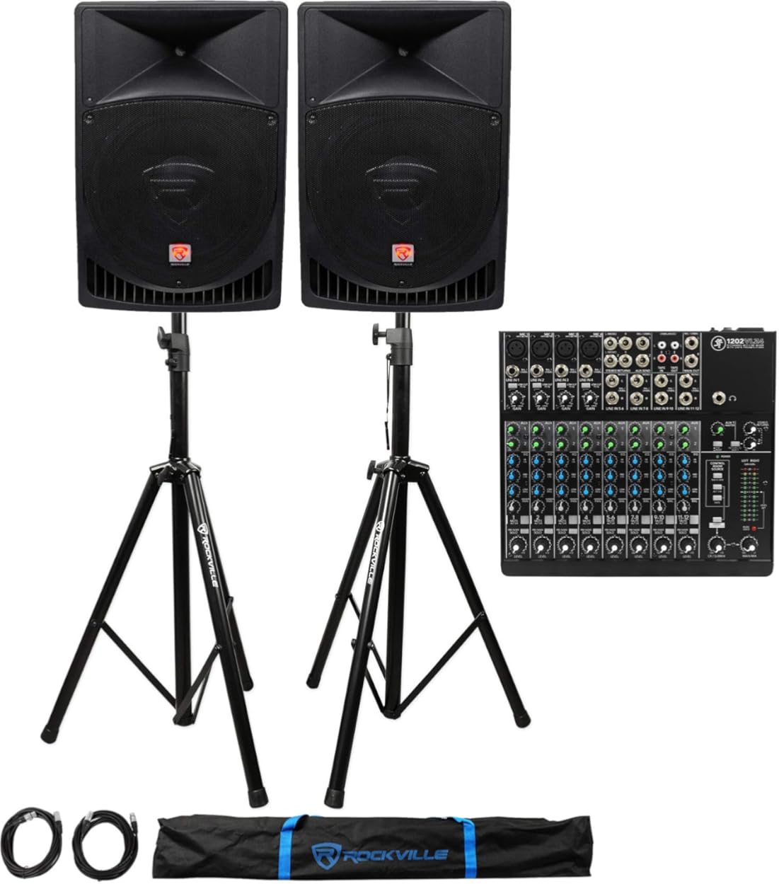 Mackie 1202VLZ4 12-channel Compact Analog Low-Noise Mixer w/ 4 ONYX Preamps Bundle with Rockville RPG15 1Professional Active 1,000W 2-Way DJ PA Speaker and Pair of Adjustable Tripod Stands