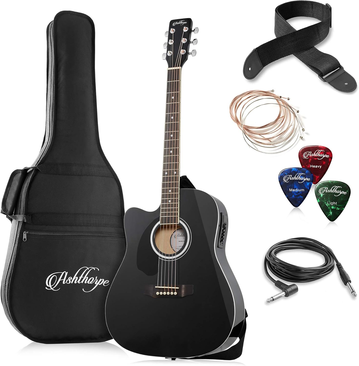 Ashthorpe Full-Size Left-Handed Dreadnought Cutaway Acoustic-Electric Guitar Bundle - Premium Tonewoods - Black