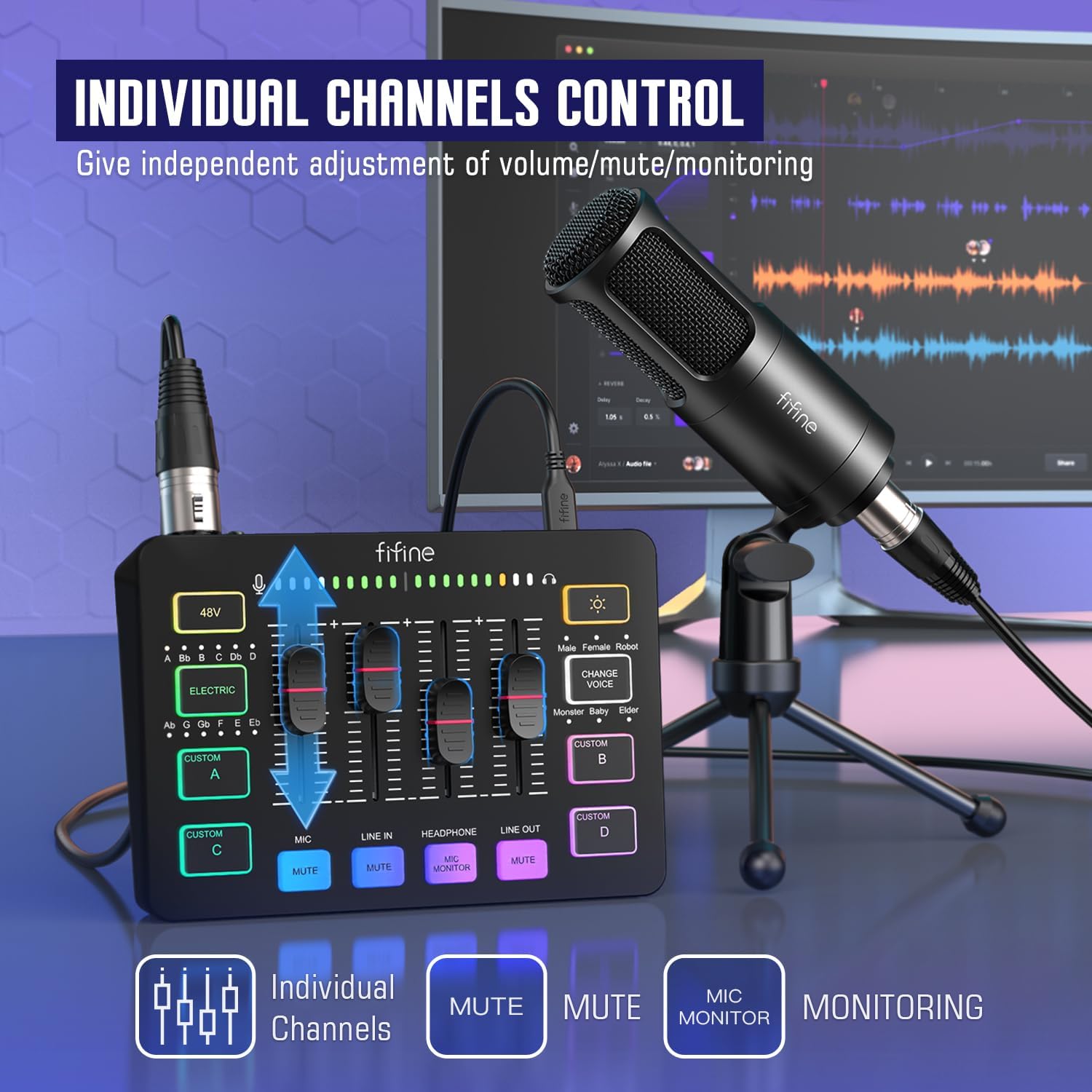 FIFINE Audio Equipment Bundle for Gaming Podcast, Streaming RGB Mixer Set with XLR Dynamic Vocal Microphone, Voice Recording Kit Set with Volume Fader, Individual Control, Mute, Monitoring-KS3