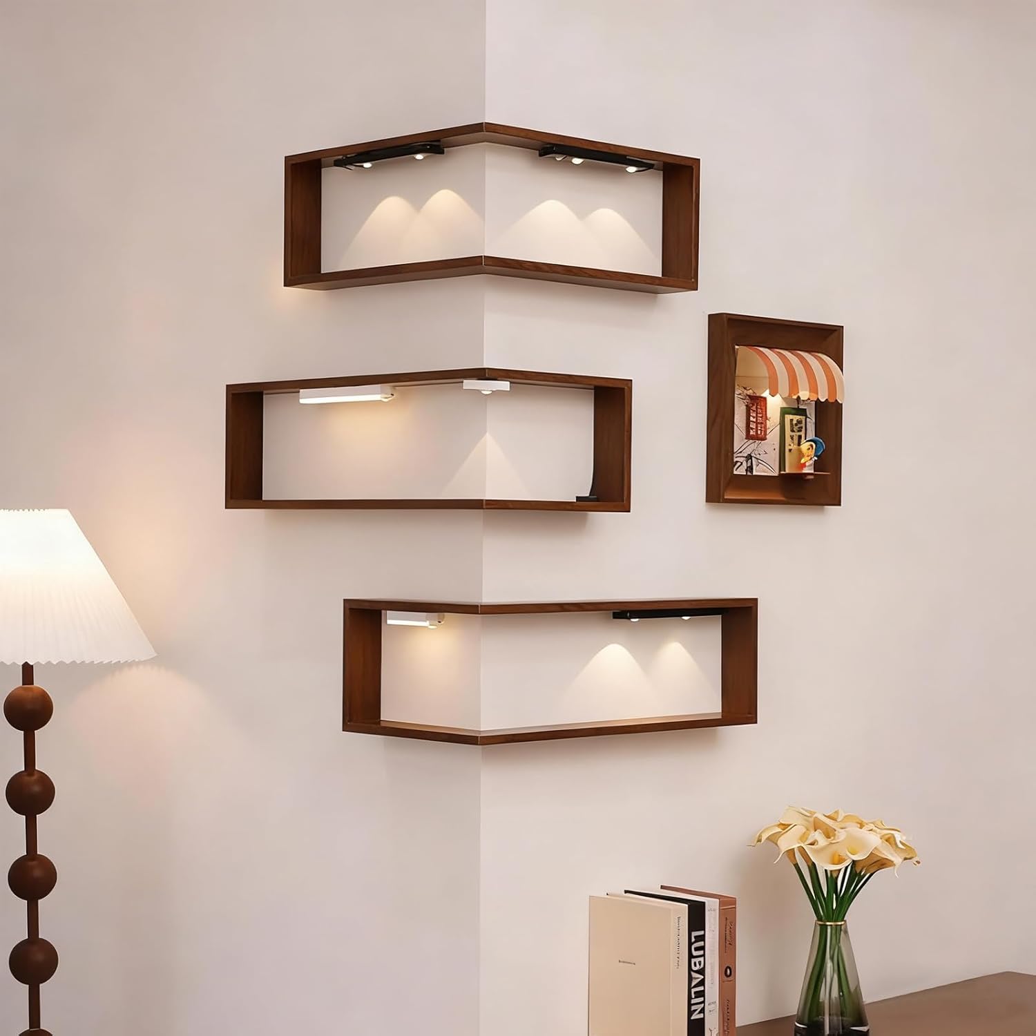 Illuminated Corner Shelf with Remote Automa Shelves That Light Up Your Space Wooden Corner Wall Shelves with Light for Figurines and Collectibles Modern Wall-Mounted Display Rack
