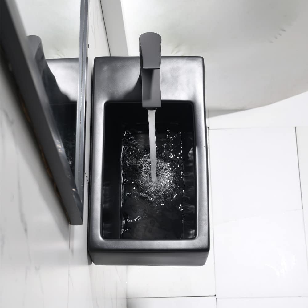 Wall Mount Corner Bathroom Sink with Faucet-Bokaiya 18 Inch Small Bathroom Sink Matte Black Porcelain Ceramic Cloakroom Mini Wall Mount Floating Vessel Sink with Faucet and Drain Combo, Right Hand