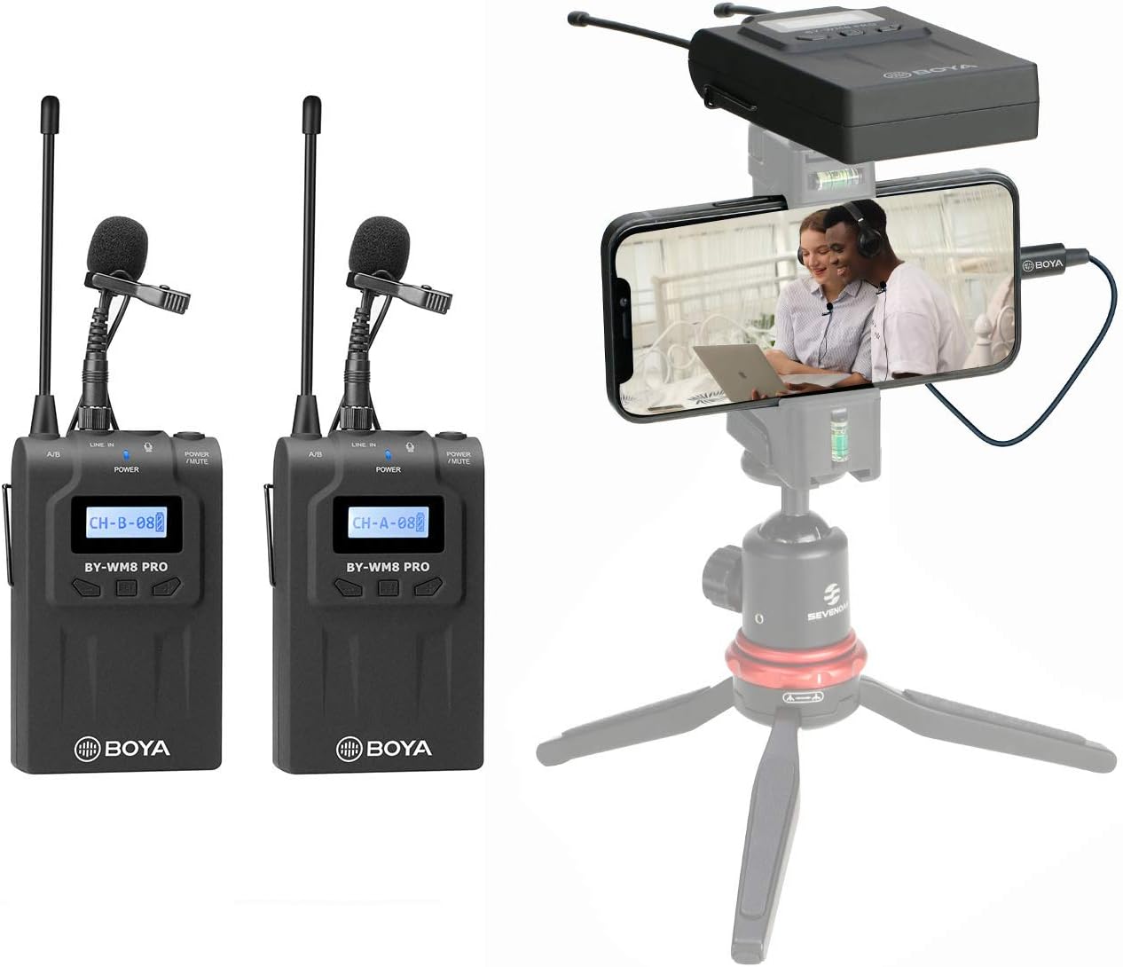 BOYA Dual Wireless Lavalier Microphone Smartphone, Dual-Channel System 2 Transmitter & 1 Receiver for DSLR Camera Recorder iPhone 11 X 8 7 6 Samsung YouTube Street Interview Facebook Livesteam Vblog