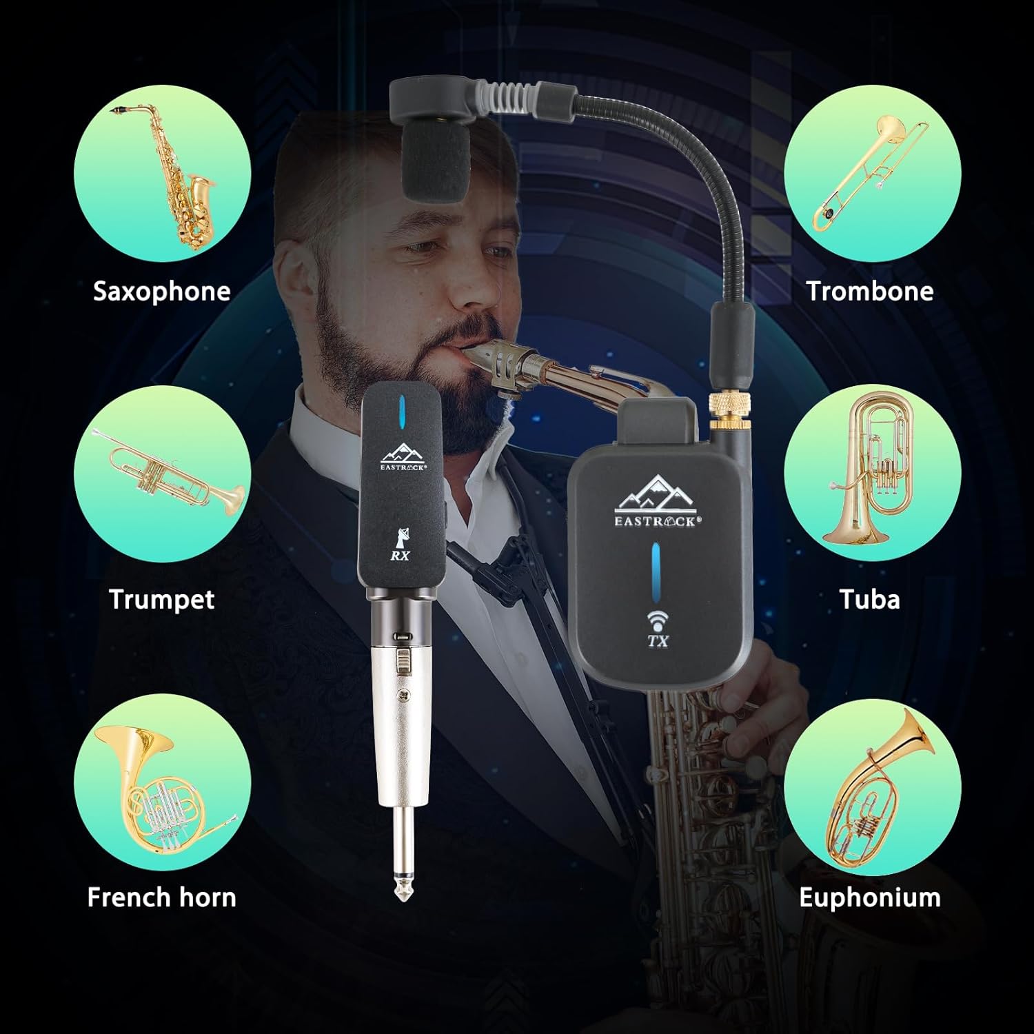 EASTROCK Saxophone Wireless System,Coverage to 130 ft/40 m,2.4 GHz Sax Microphone Wireless Receiver Transmitter Charging Case,Suitable for Recording/Monitor Headphones/Live/Reverb Control
