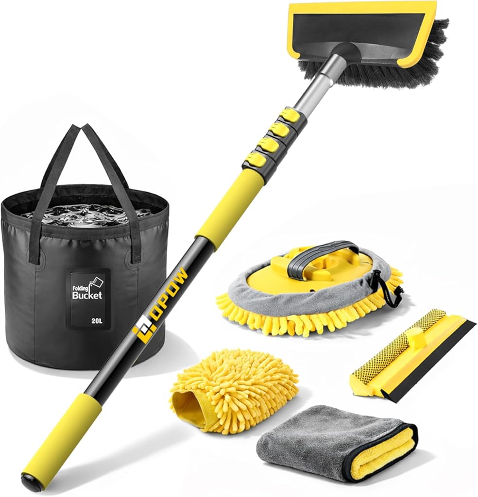 144'' Car Cleaning Kits with Telescoping Pole, Collapsible Bucket, Chenille Mop, Bristles Brush, Window Squeegee, Mitt, Micro Fiber Towels, Extendable Wash Detailing for RV Truck Boat Clean Accessory