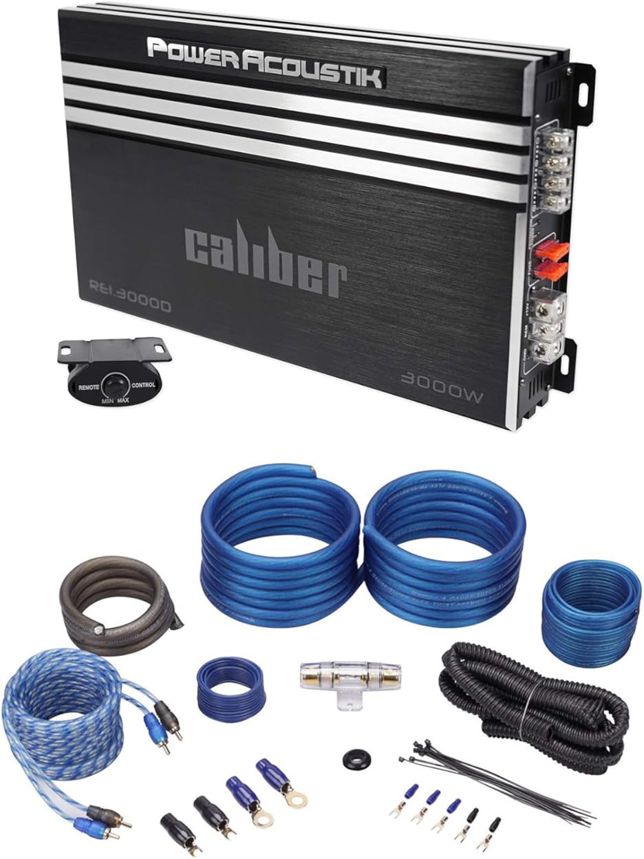 Power Acoustik RE1-3000D 3000 Watt Mono Amplifier Car Stereo Amp Bundle with Rockville RWK41 4 Gauge Complete Car Amp Wiring Installation Wire Kit with RCA's